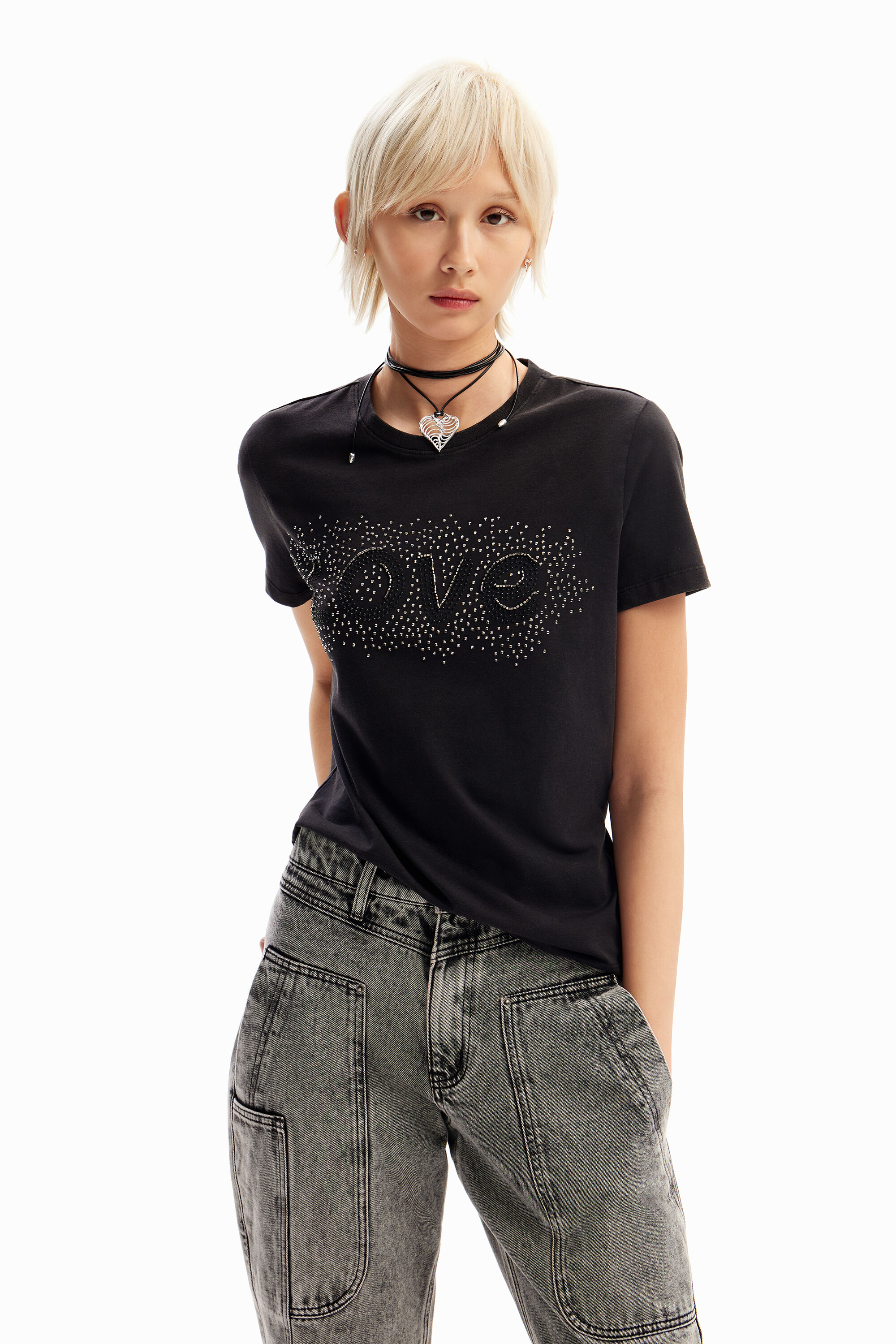 Rhinestone Love T-shirt - BLACK - M