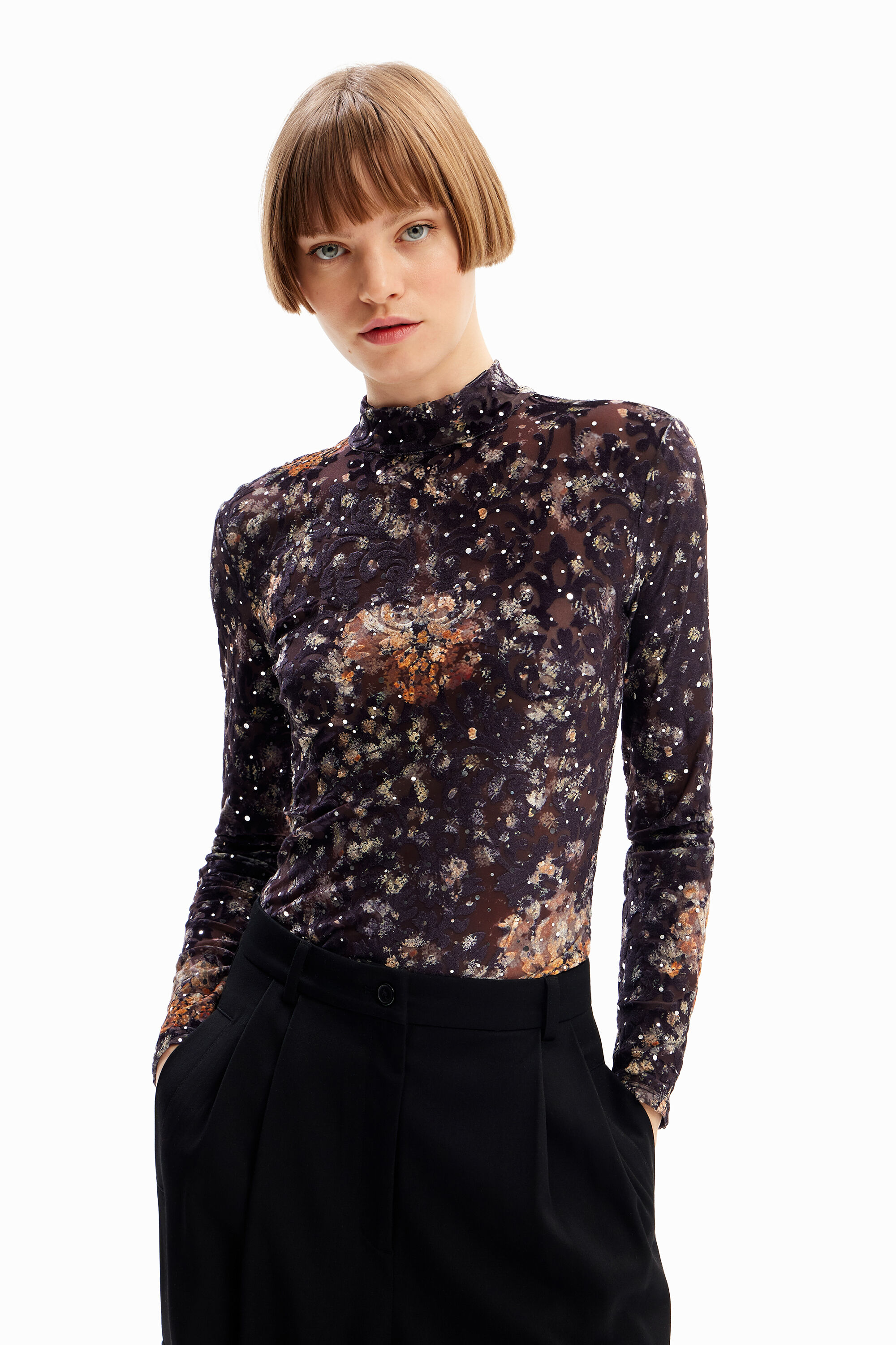 Long-sleeve floral T-shirt - BLACK - M