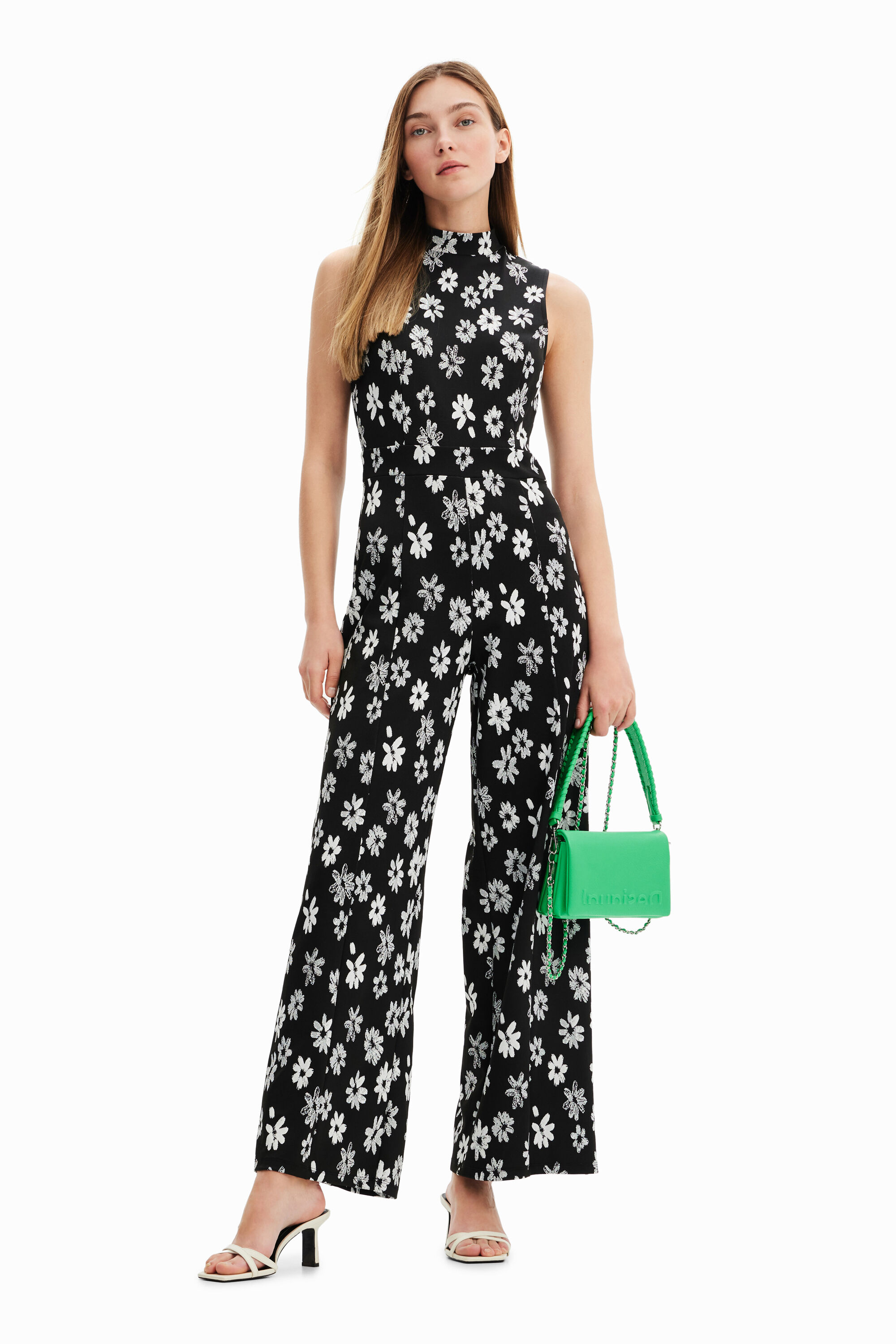 Contrast floral jumpsuit - BLACK - L