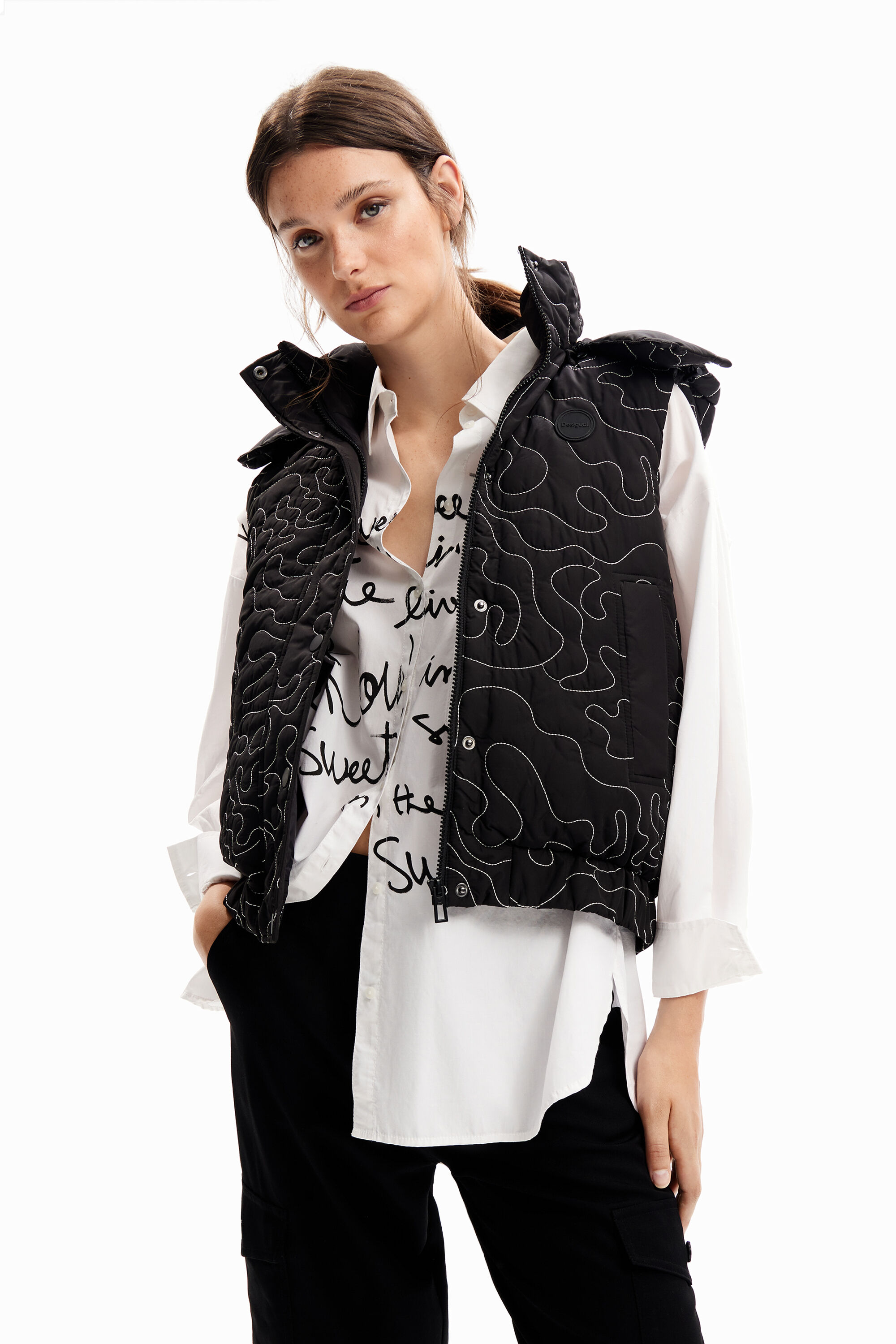 Padded plaid stitching gilet - BLACK - L