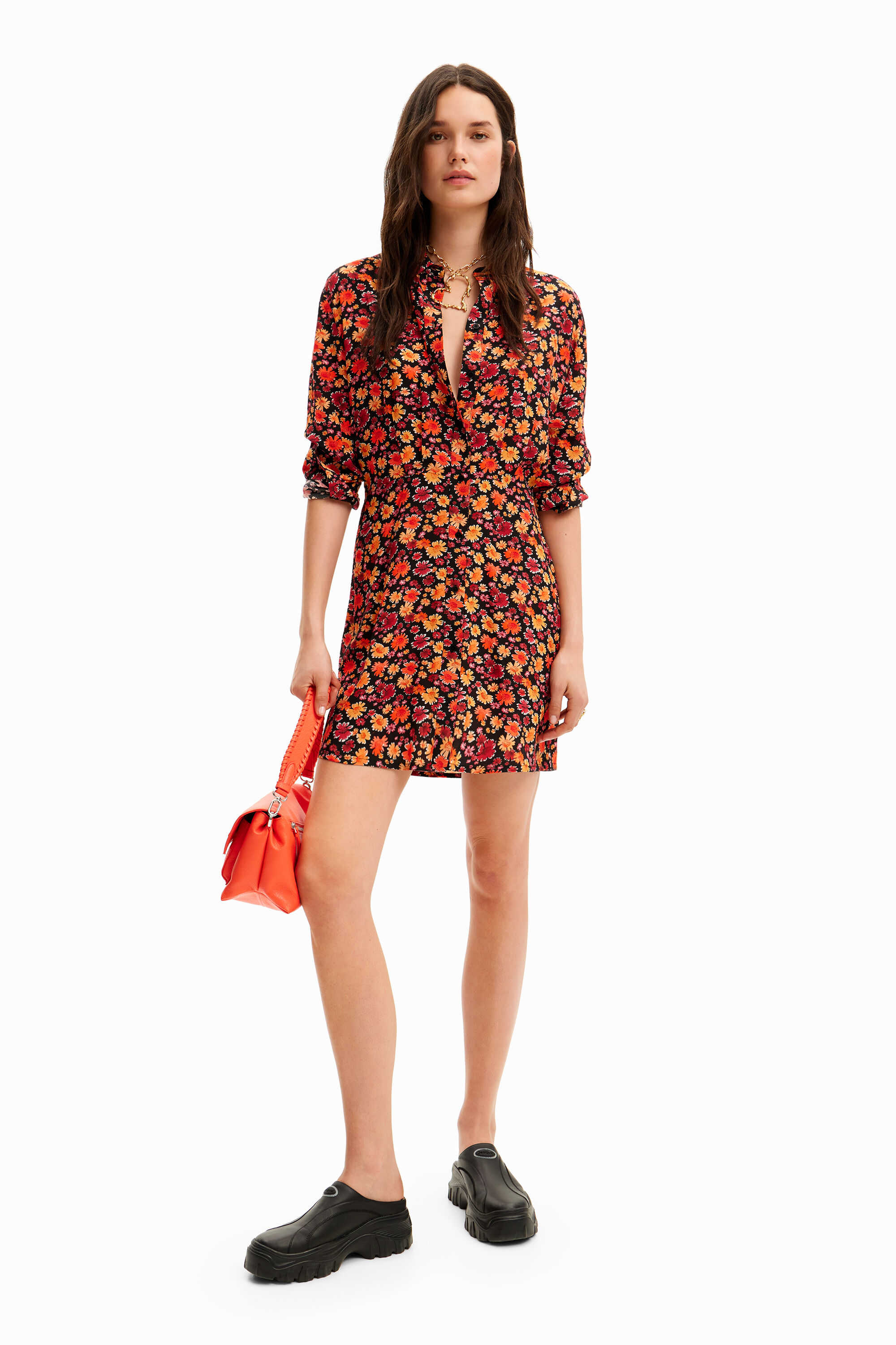 Short floral shirt dress - RED - S