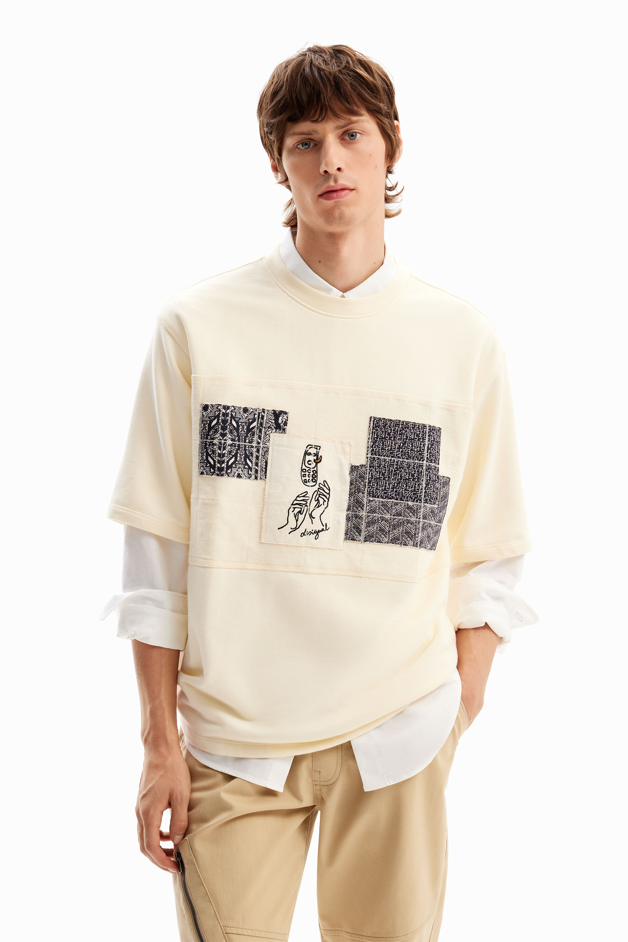 Patchwork embroidered T-shirt - WHITE - XL