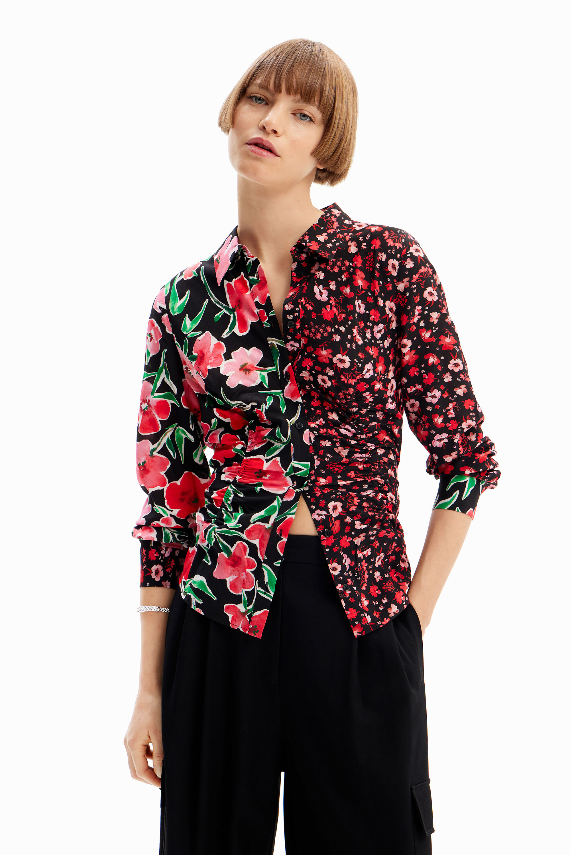 Floral gathered shirt - RED - L