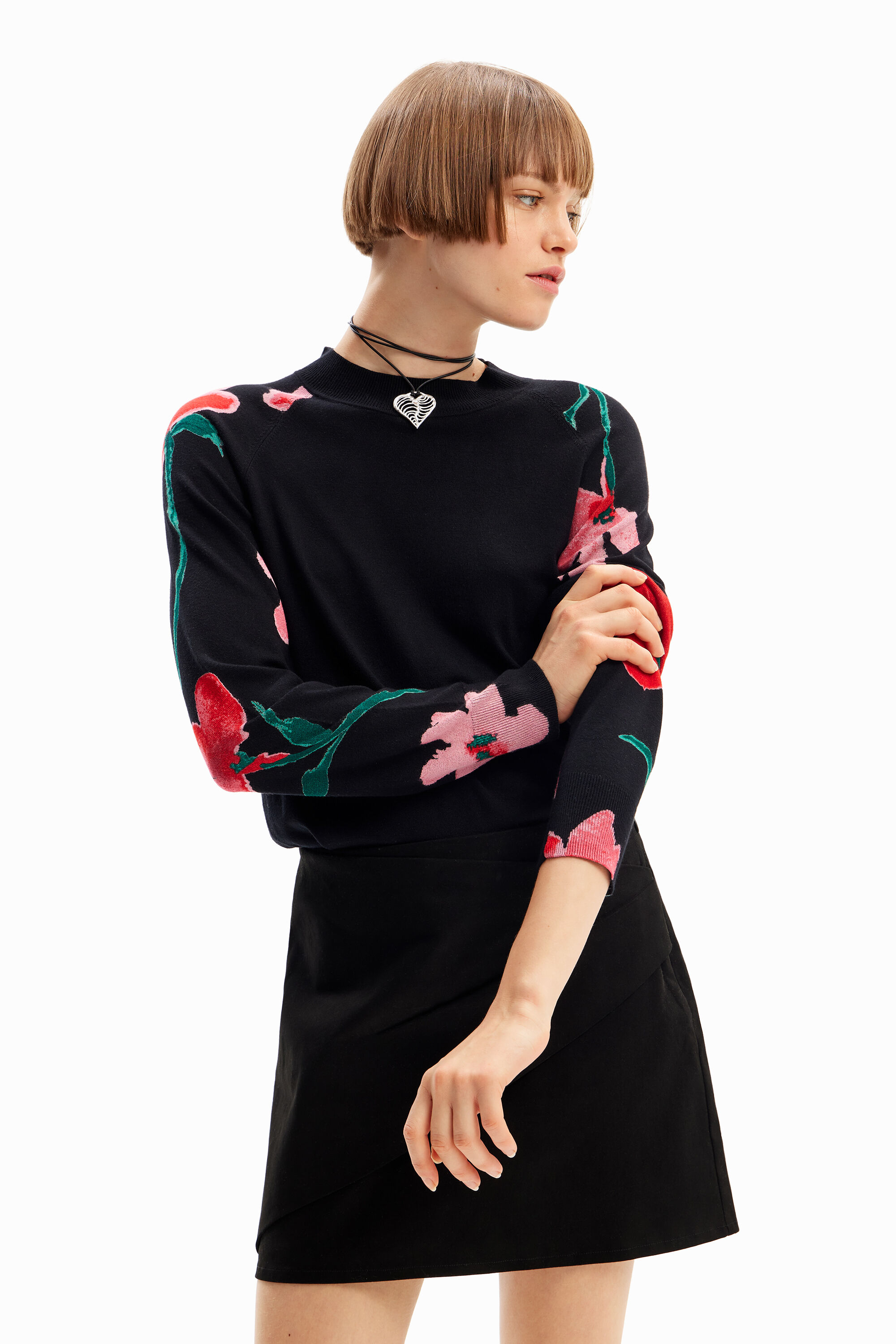 Watercolour floral pullover - BLACK - L