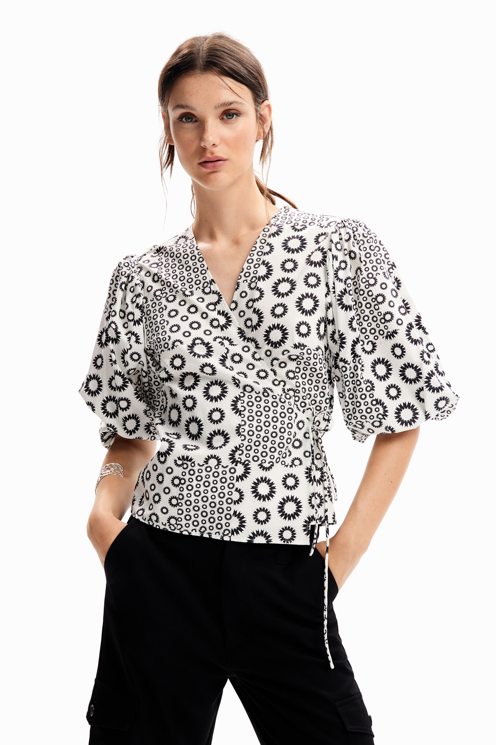 Patchwork wrap blouse - BLACK - XL