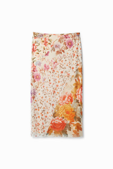 Falda midi con diferentes estampados florales. | Desigual