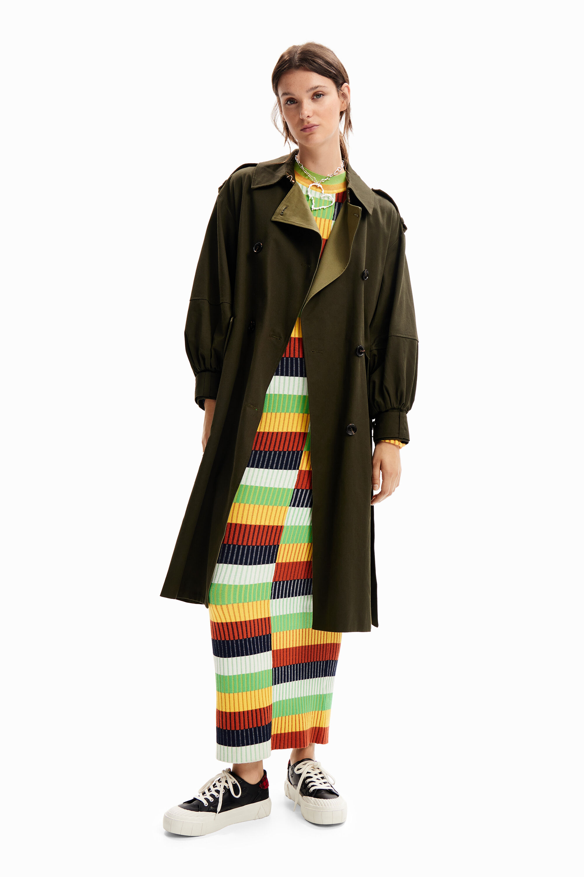 Desigual Oversize Belted Trench Coat In Green