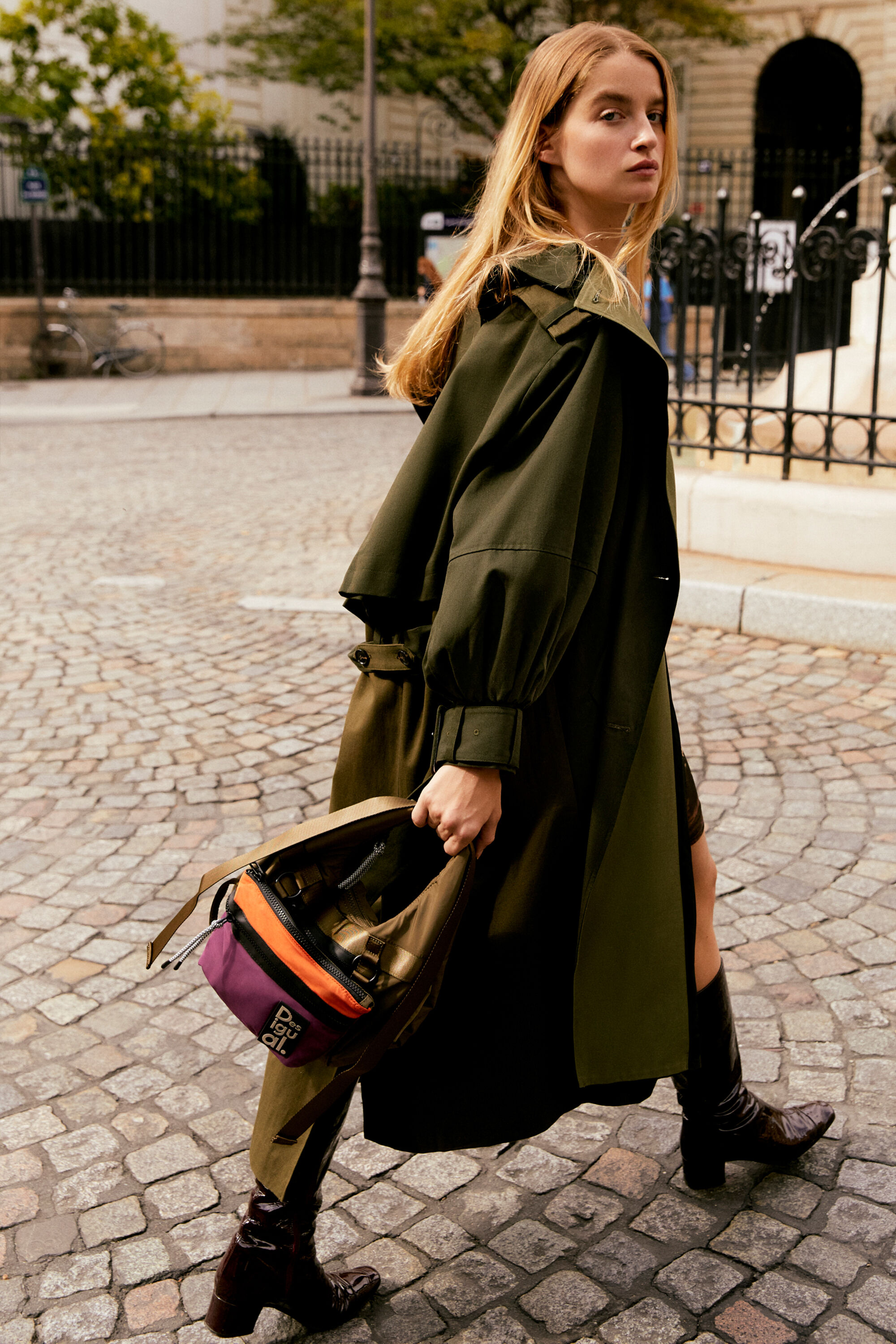 Desigual Oversize Belted Trench Coat In Green