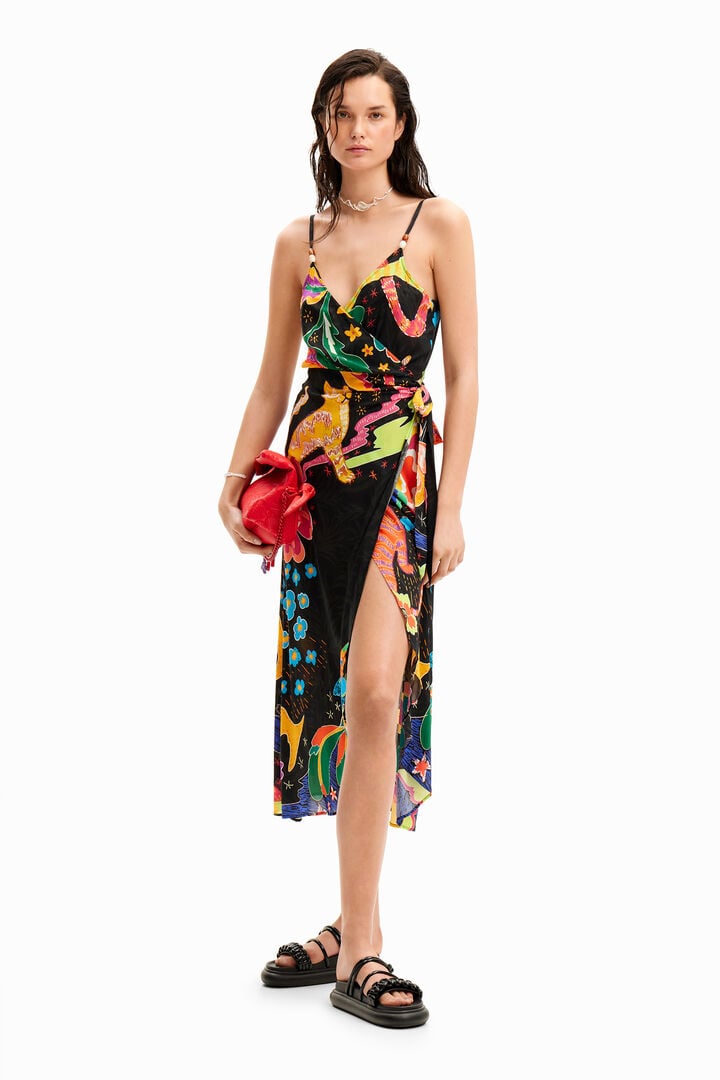 Jungle design wrap midi dress