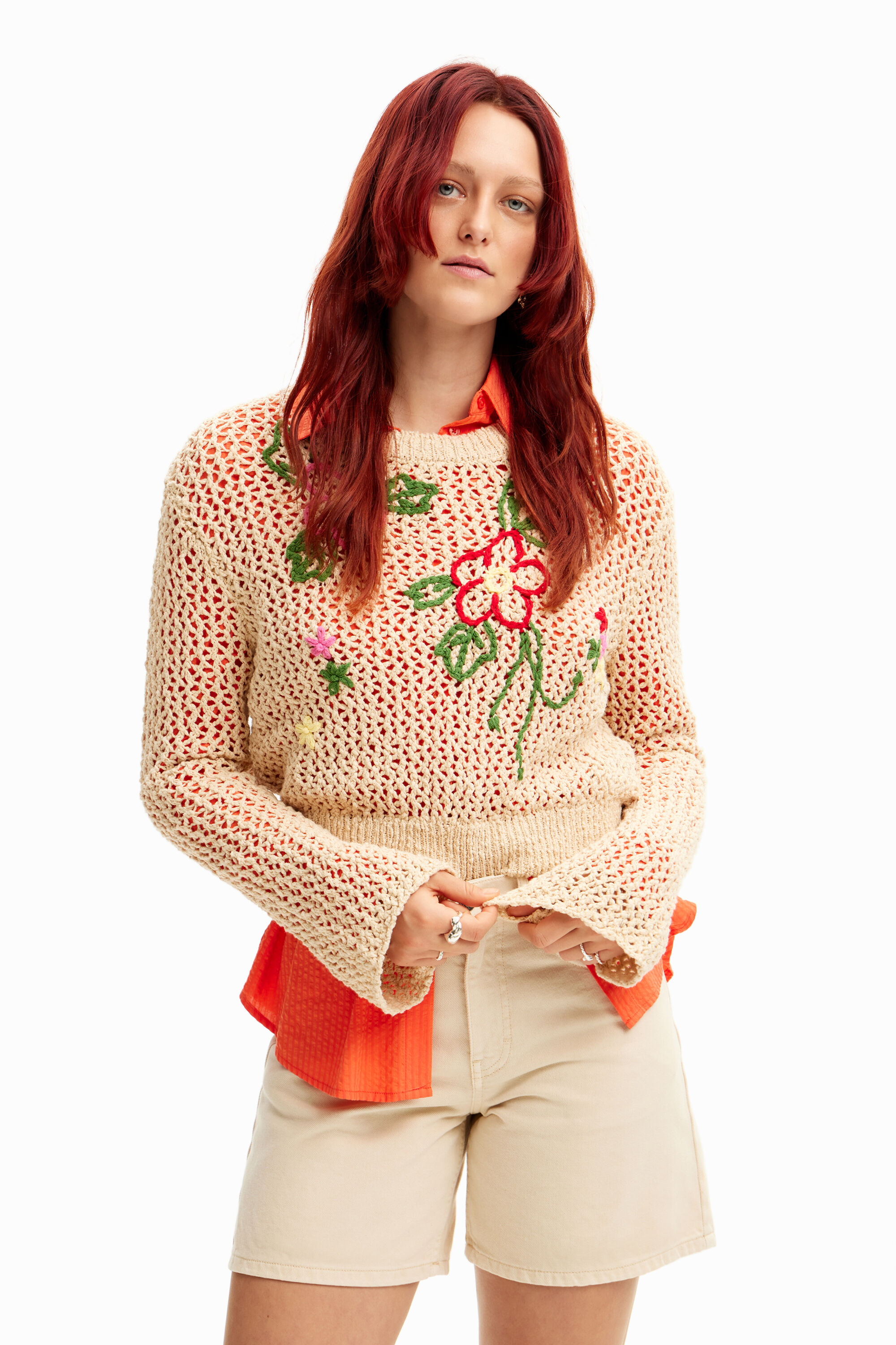 Frayed knit flower pullover - WHITE - XS