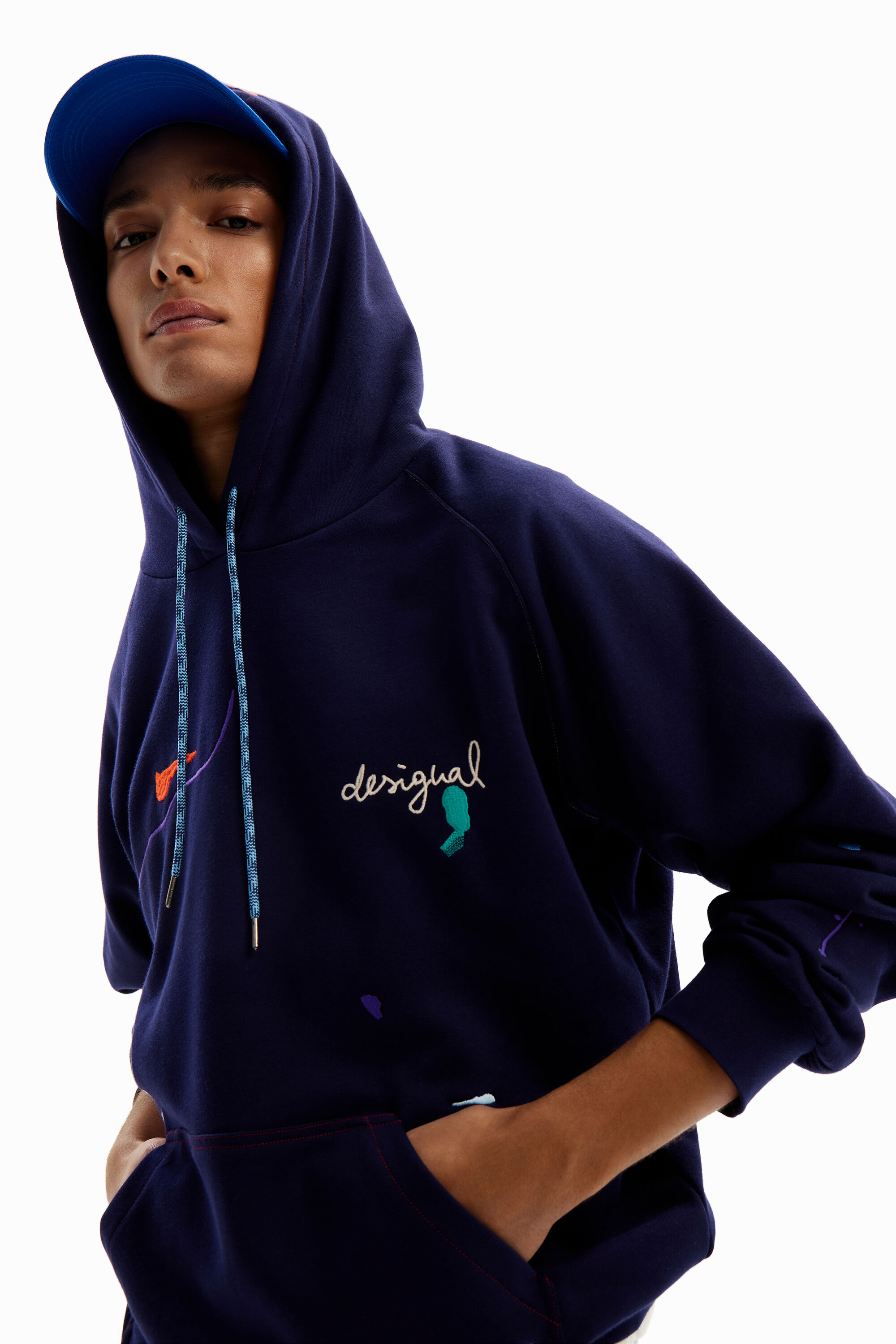 Shop Desigual Paint Embroidery Hoodie In Blue