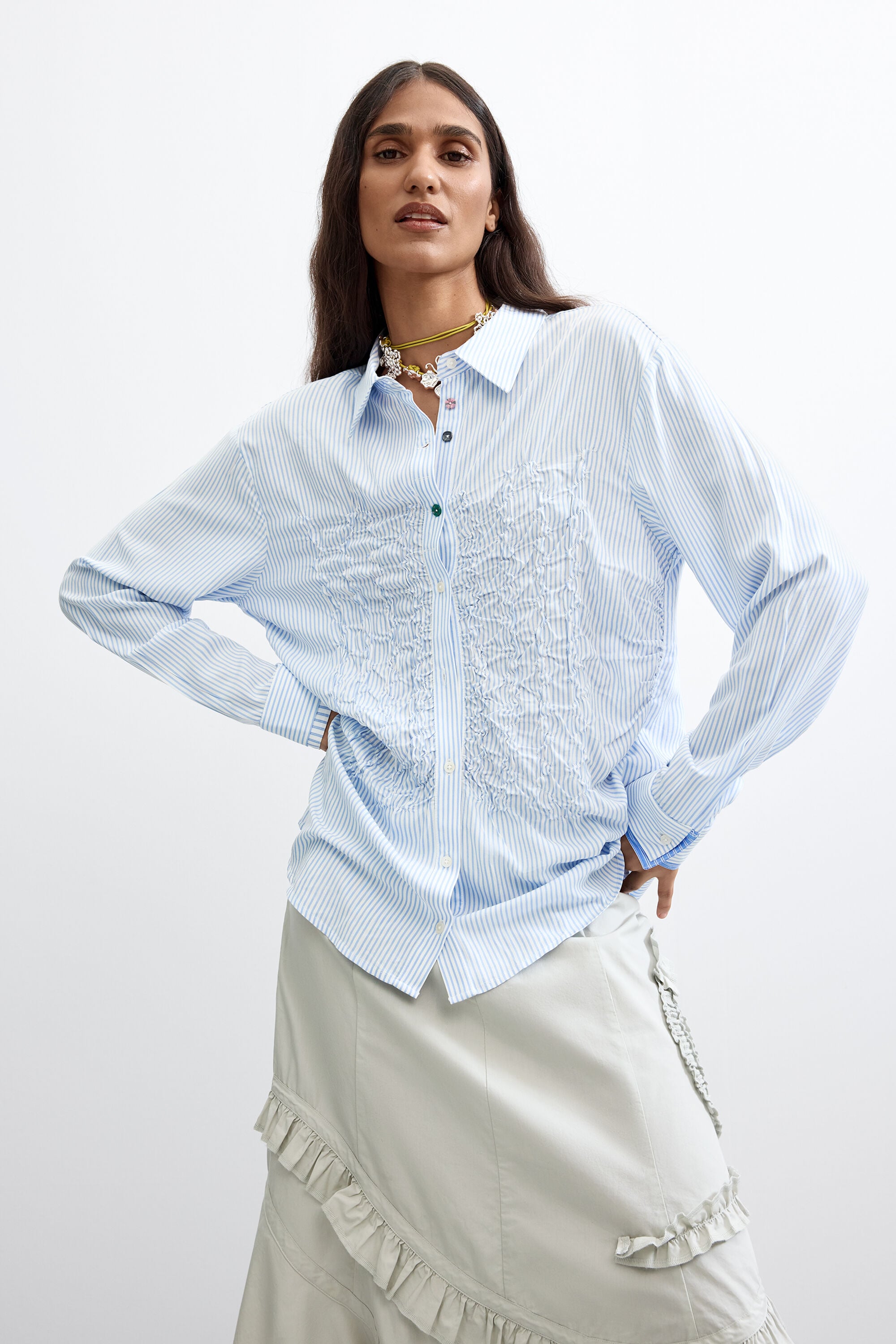 Desigual, Camisa Larga Plisada, Viscosa, Azul