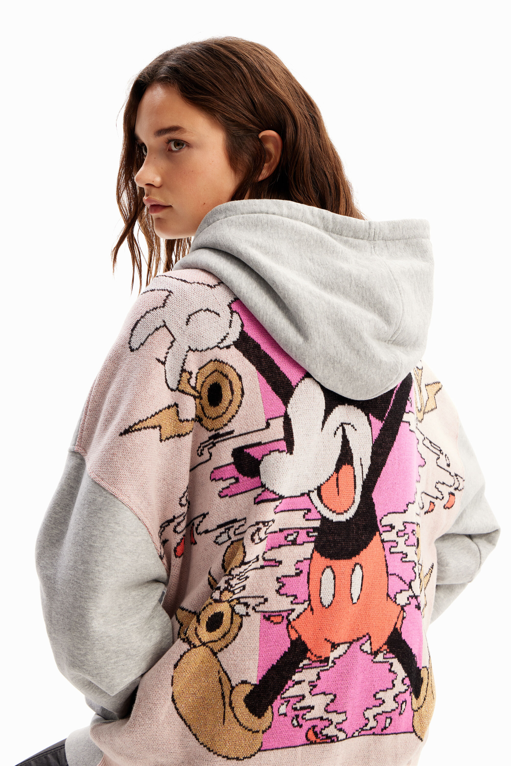 Desigual Oversize Jacquard Mickey Mouse Hoodie In Black