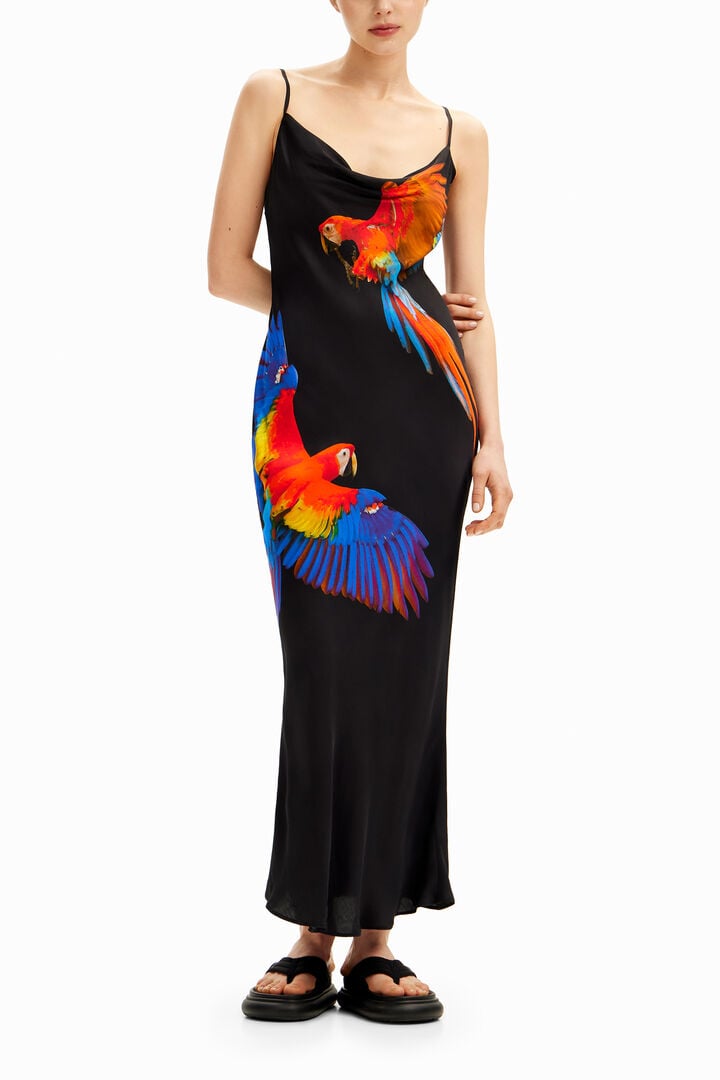 Tyler McGillivary Tropical parrot satin strappy dress | Desigual
