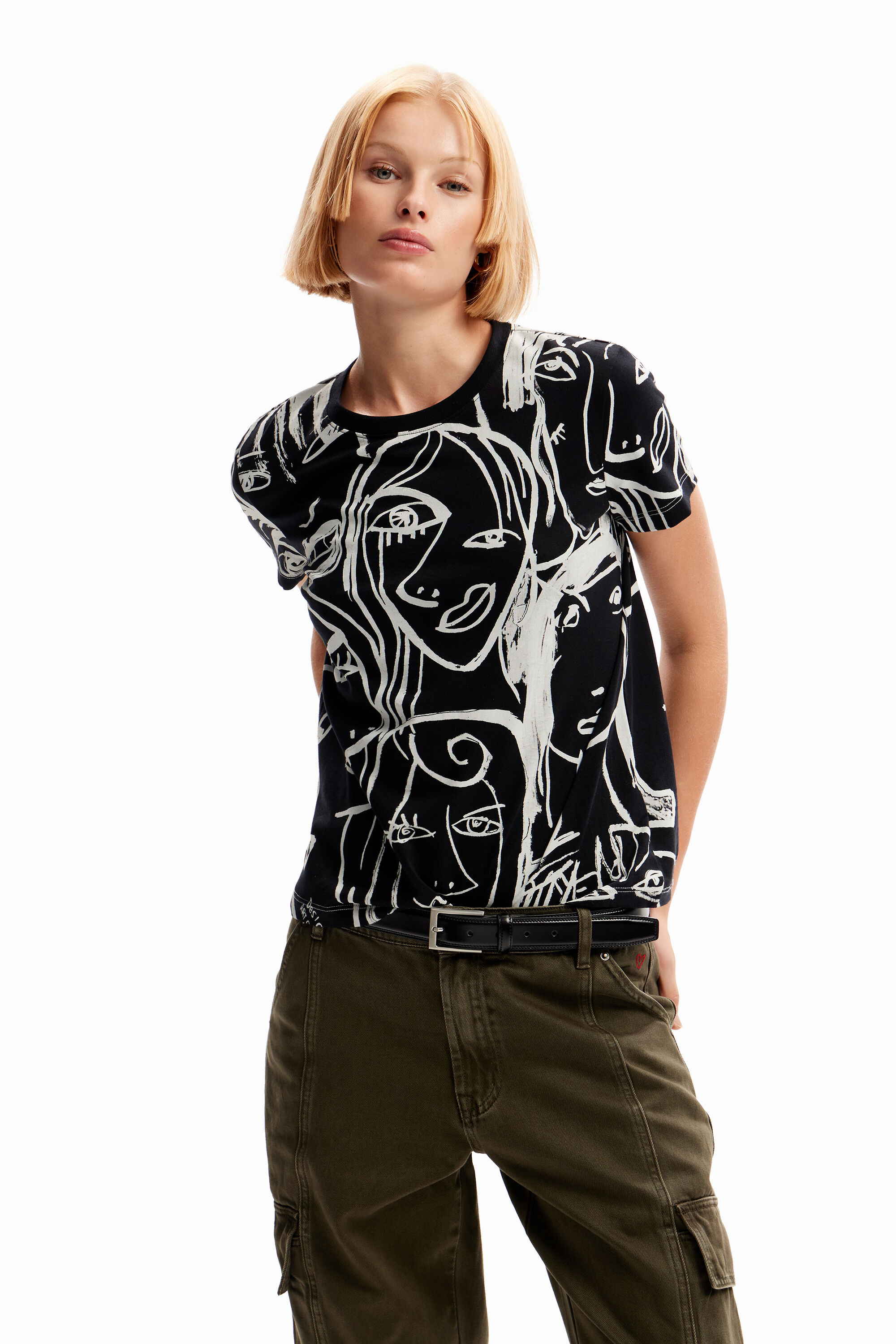 Shop Desigual Contrasting Face T-shirt In Black