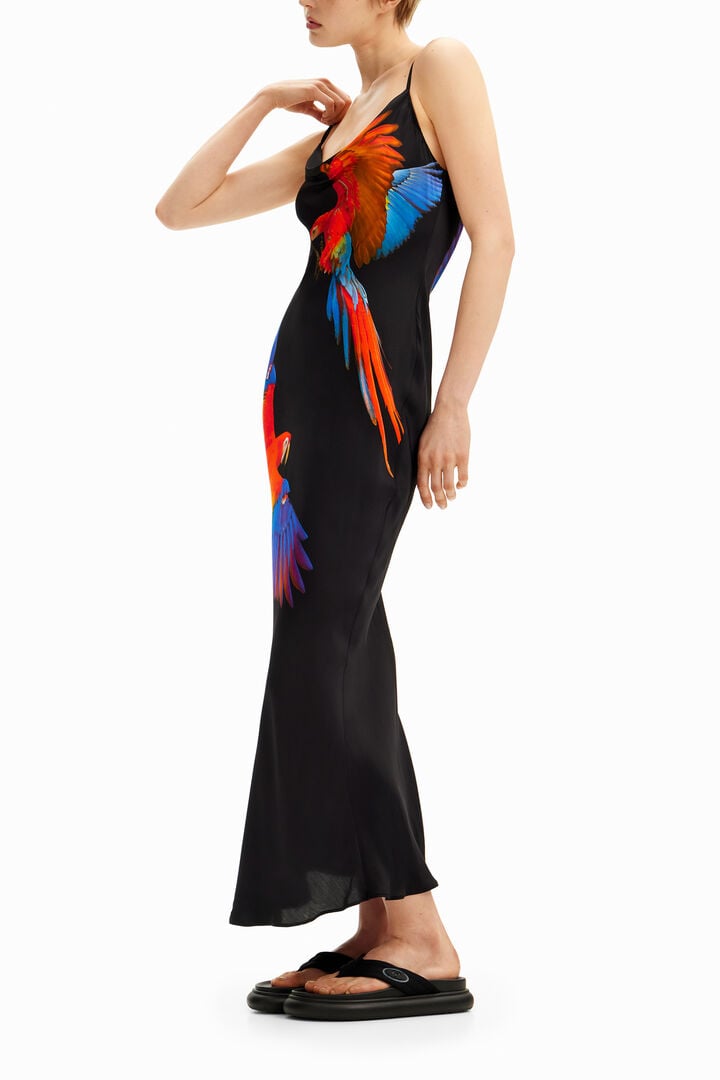 Tyler McGillivary Tropical parrot satin strappy dress | Desigual