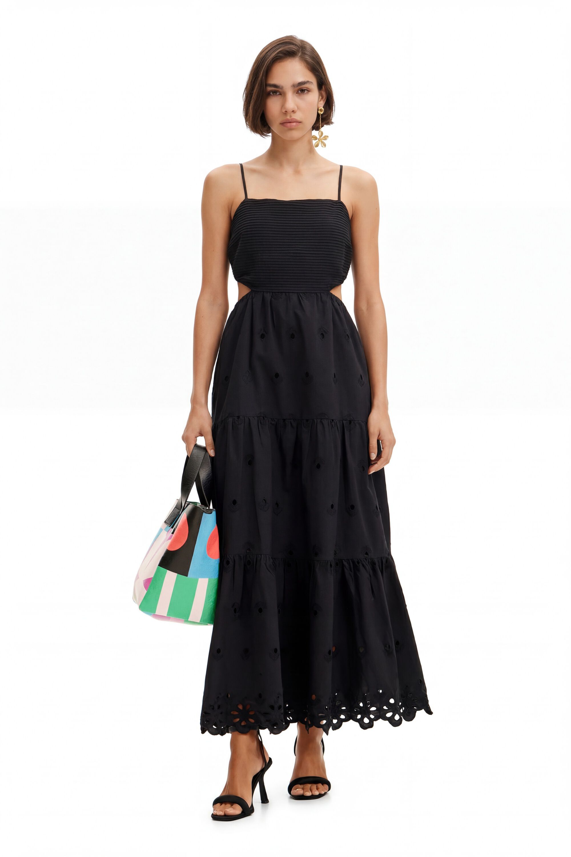 Desigual, Vestido largo bordados cut-outs, Algodon, Negro