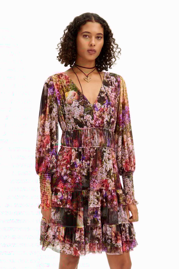 フリル袖の長袖ショートドレス、花柄プリント | Desigual