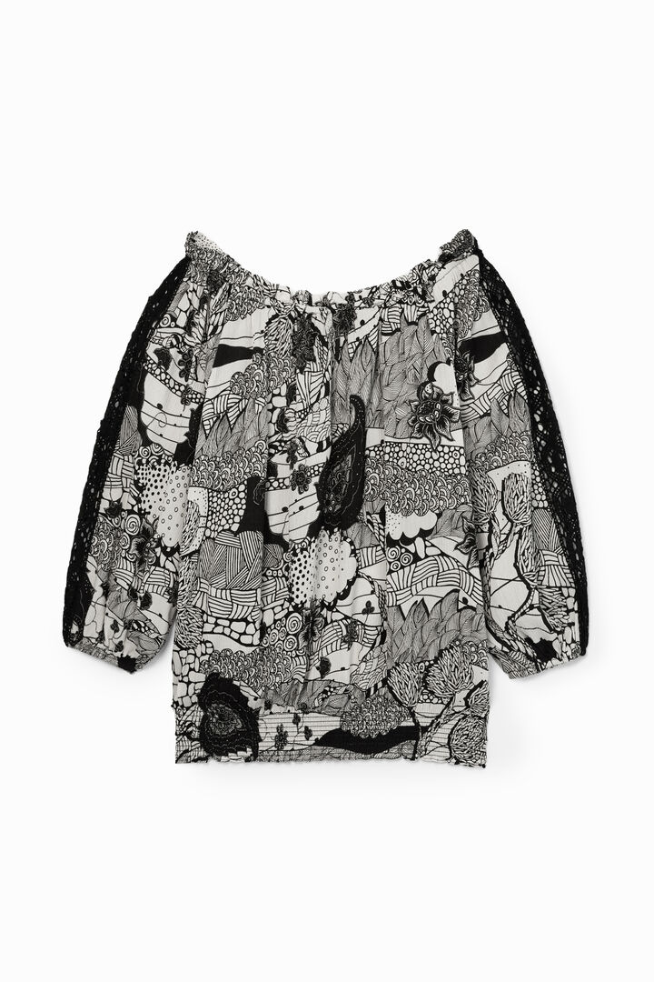 Blusa blanca y negra encaje mangas | Desigual