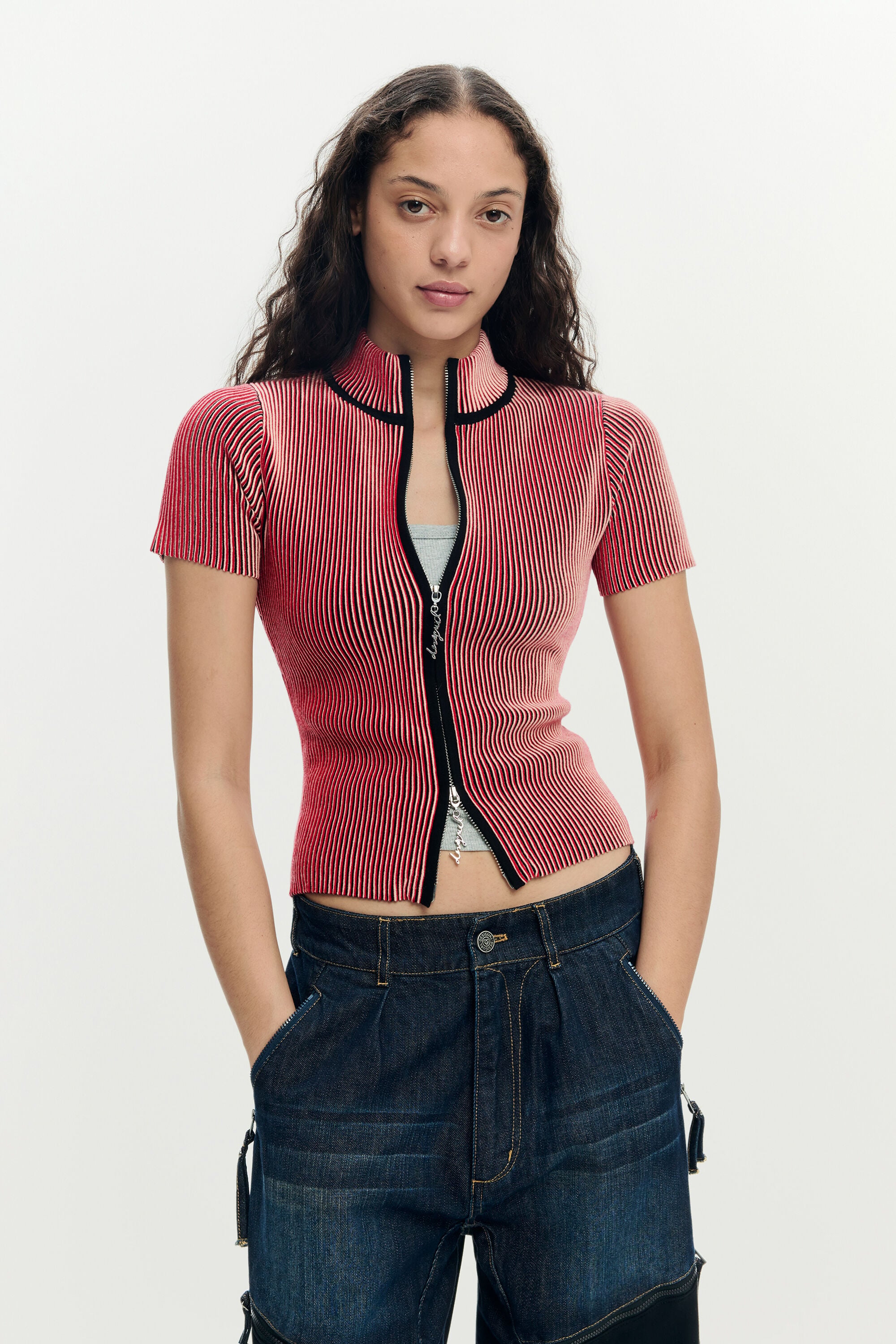 Desigual, T-shirt irisé fermeture éclair, Femme, Rouge, L