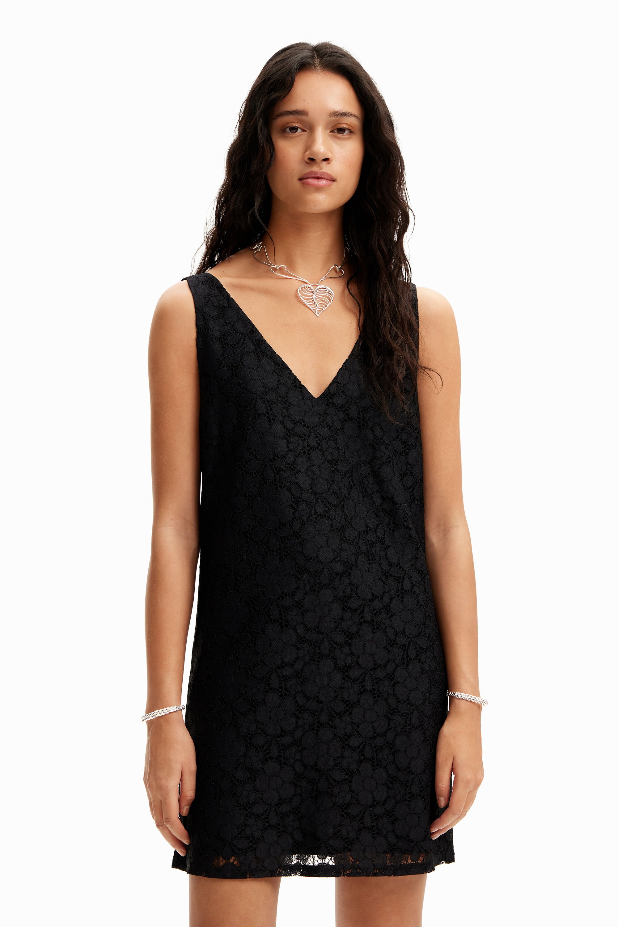 Floral lace mini dress - BLACK - L