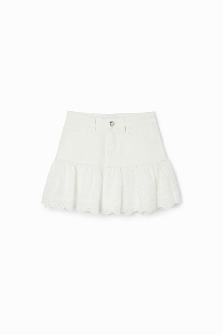 Swiss embroidery ruffle denim mini skirt
