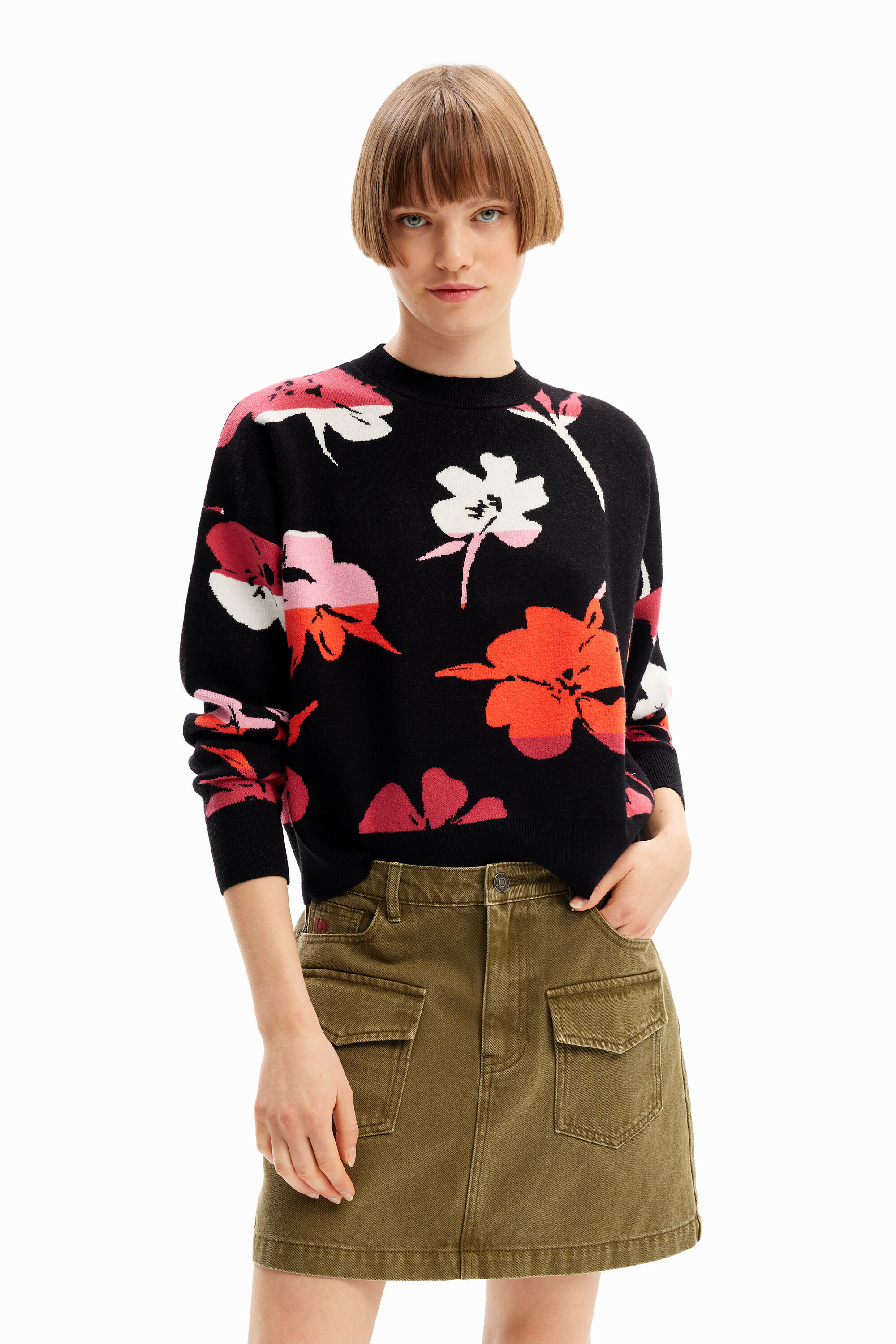 Oversize floral pullover - BLACK - M