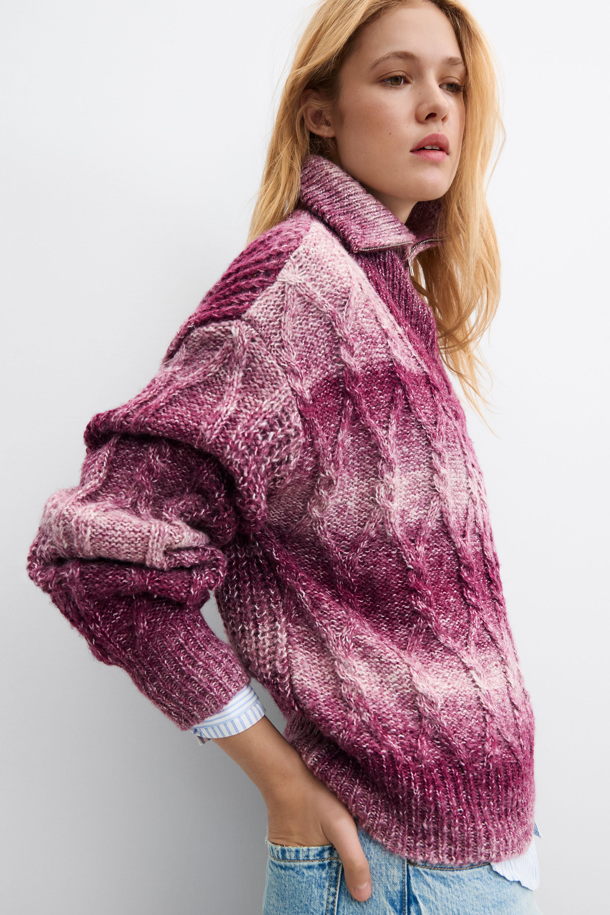 Dikgebreide trui met rits - RED - L