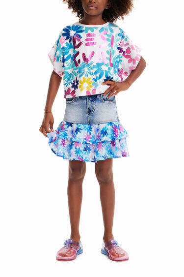 Minifalda vaquera volantes flores | Desigual