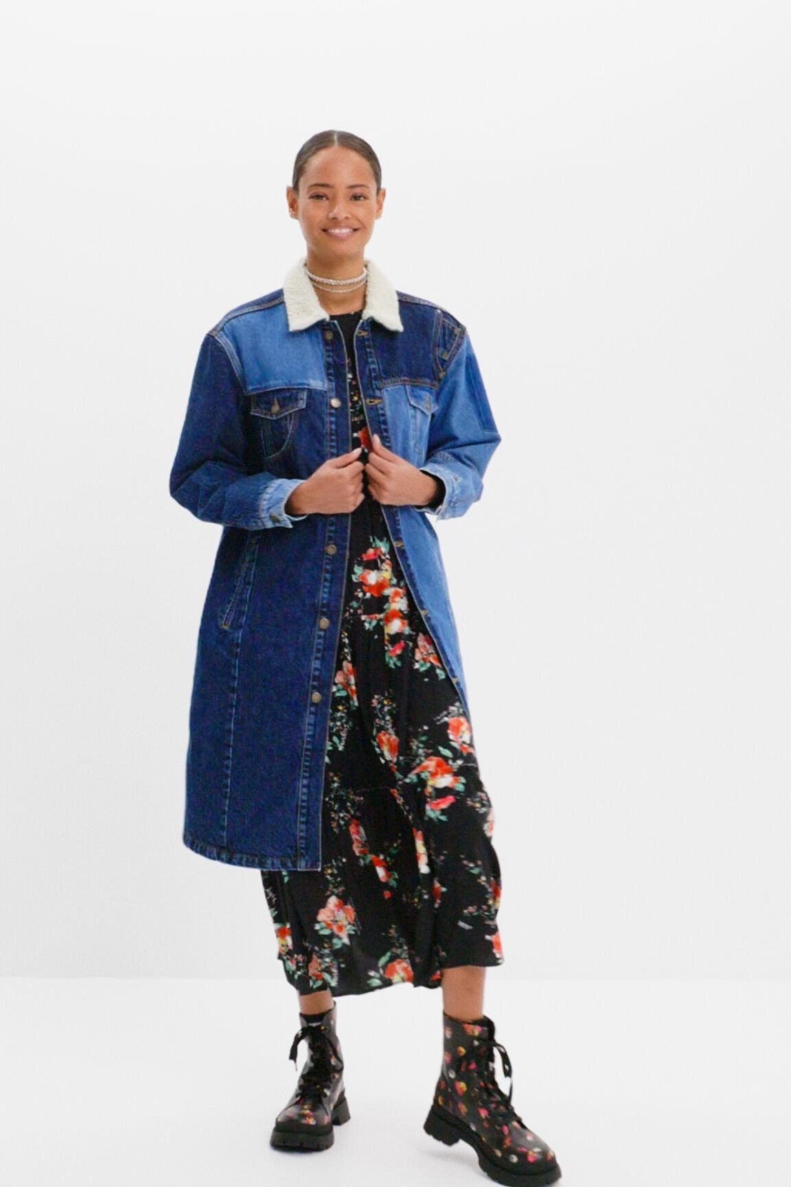 Long padded denim jacket