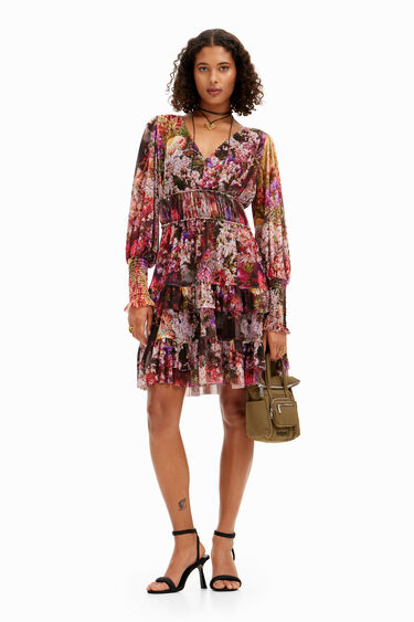 Short dress with long puffed sleeves and floral print. | Desigual