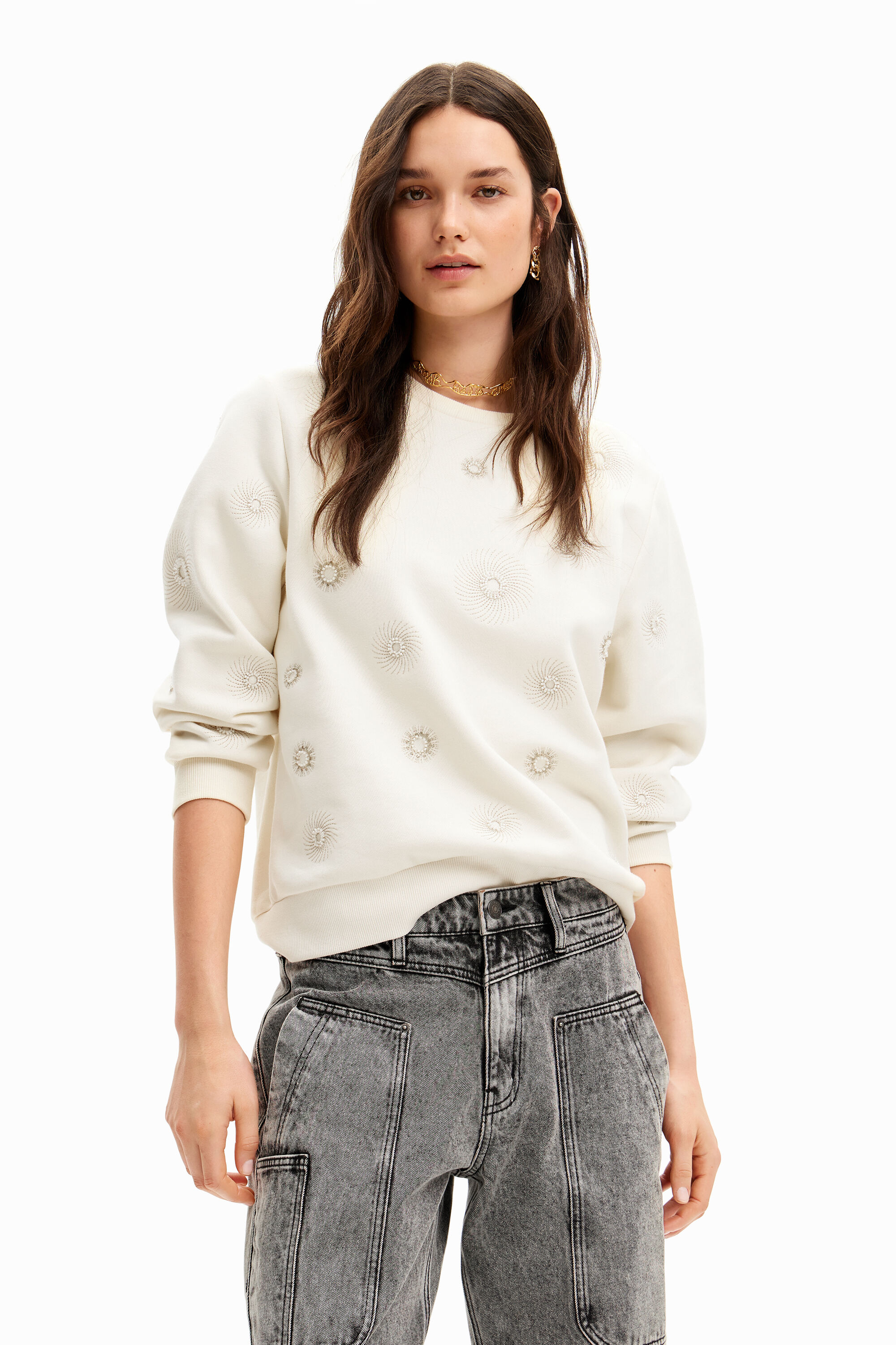Desigual Geometric Embroidery Sweatshirt In White