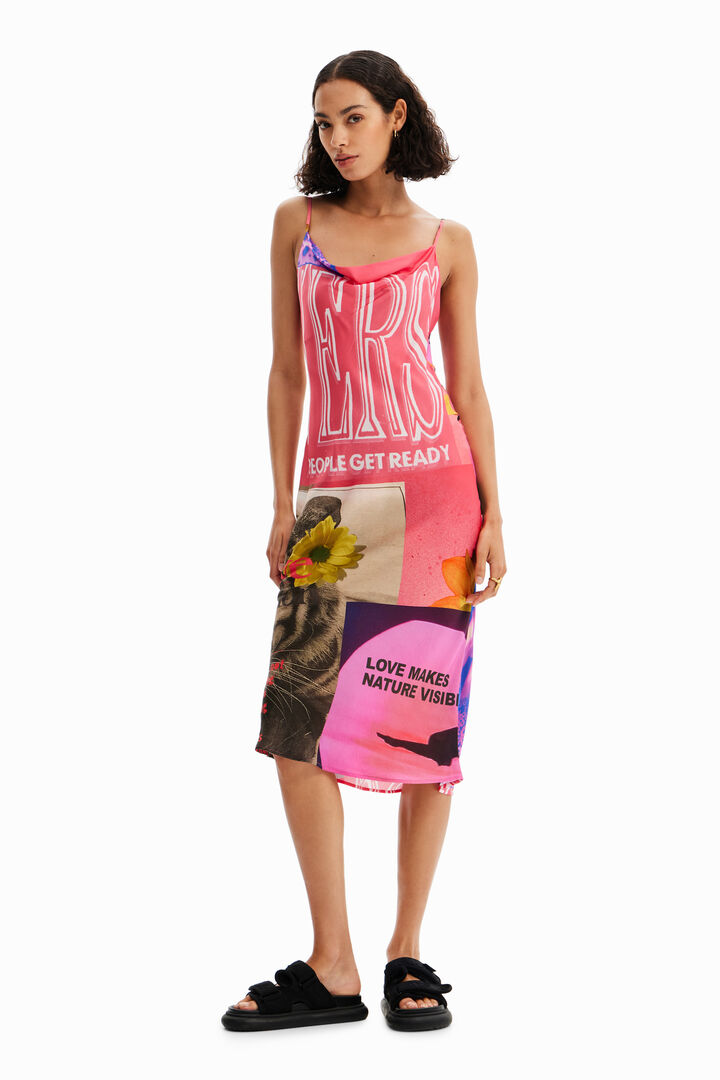Midi-jurk met slipdress-model en collage