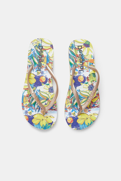 Golden bathing flip-flops printed sole