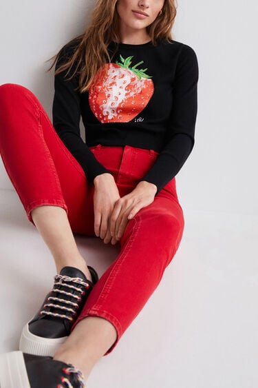 Schwarzer Cropped Pullover mit Erdbeere | Desigual