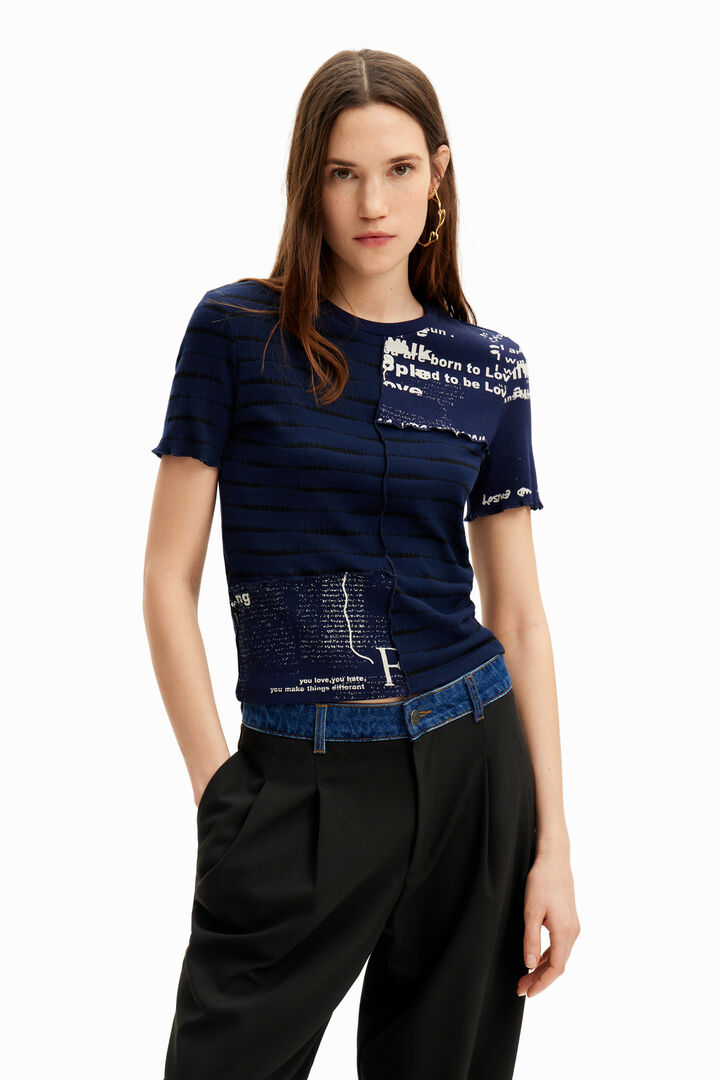 Striped patchwork newspaper T-shirt