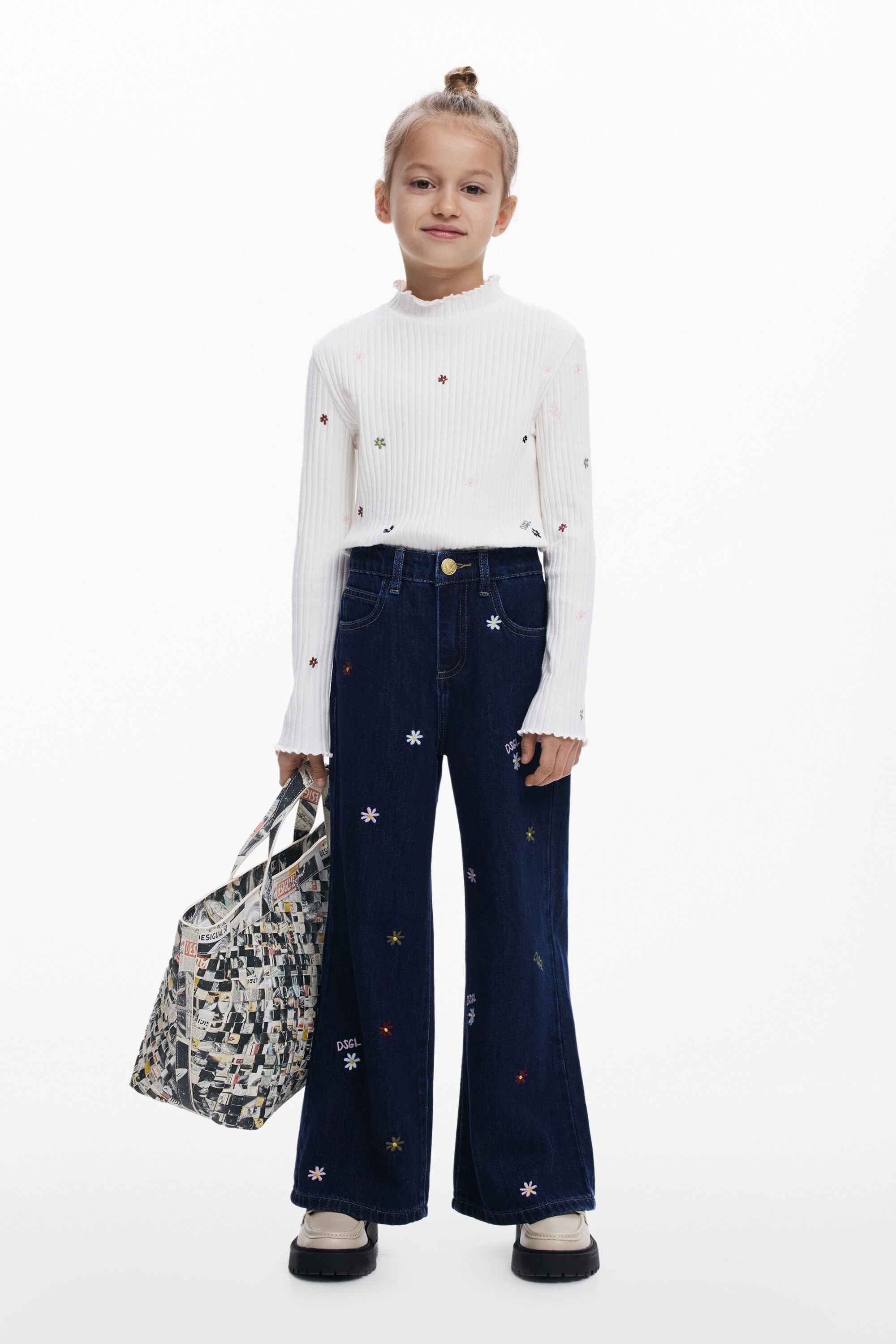 Bestickte Cropped-Wide-Jeans