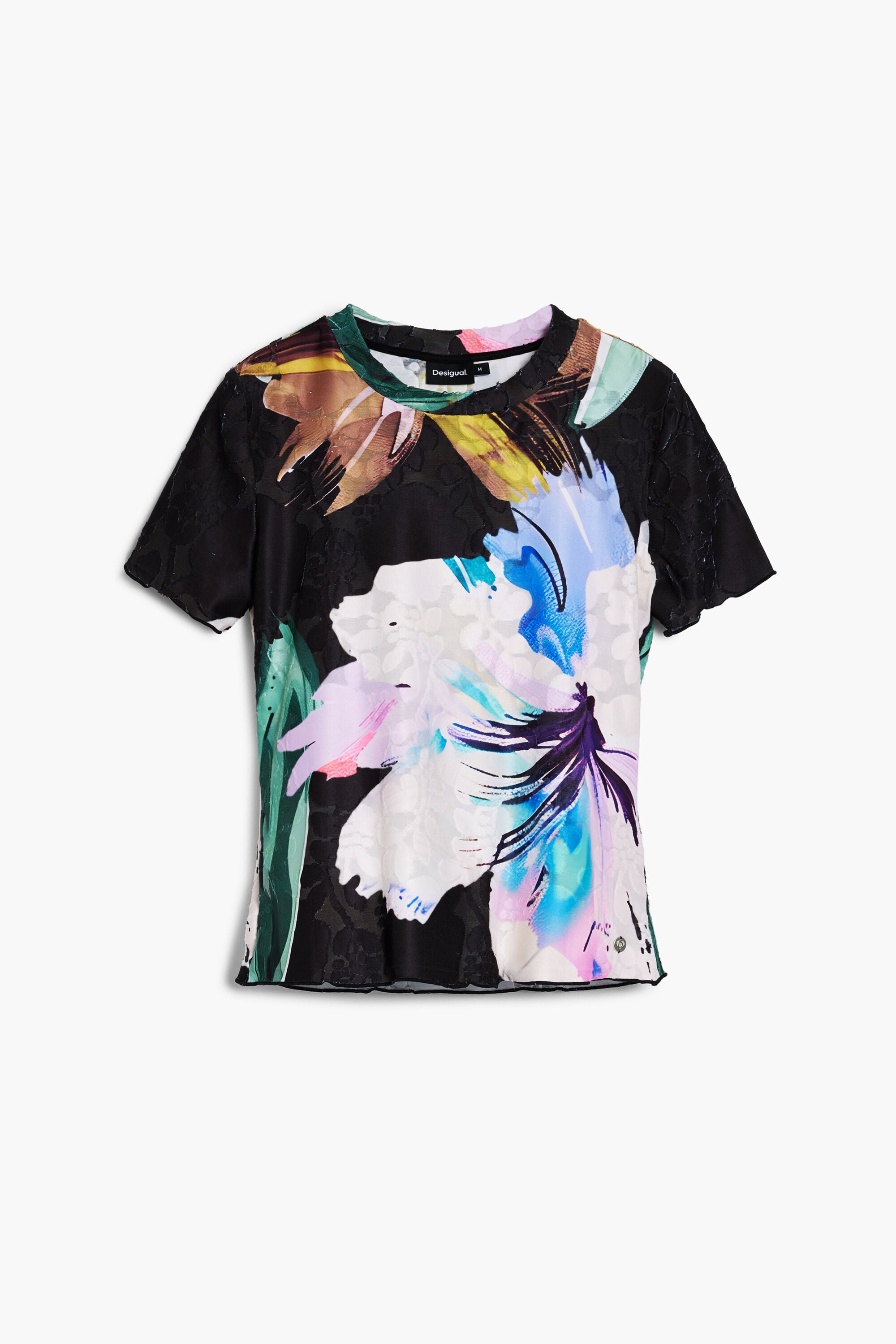 Desigual, Camiseta flores textura, Poliester, Negro, L