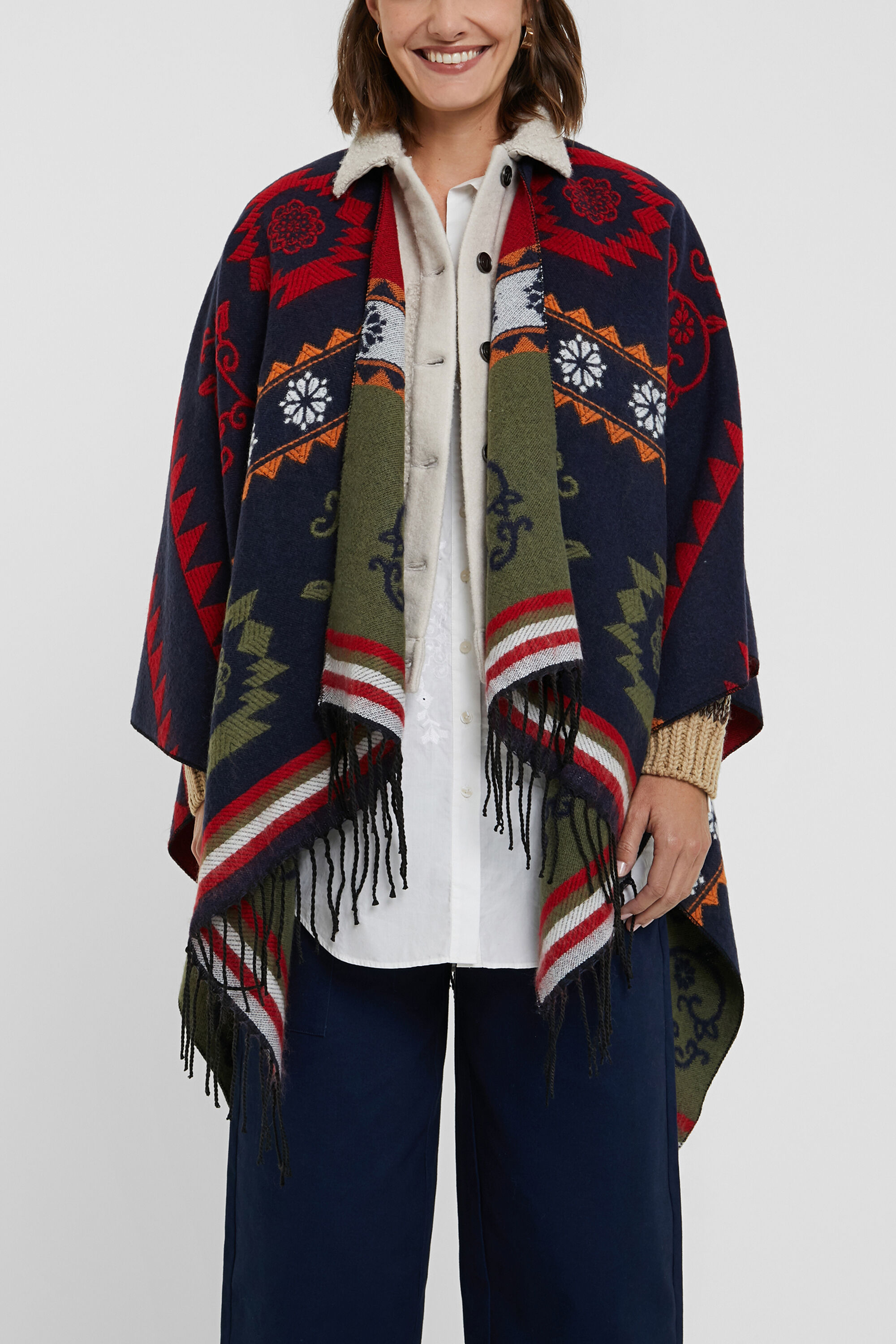 Shop Desigual Ethnic Friezes Square Poncho In Blue