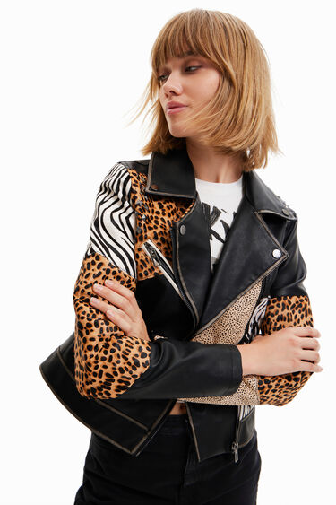  PU Leather Jacket Women Printed Contrast Short