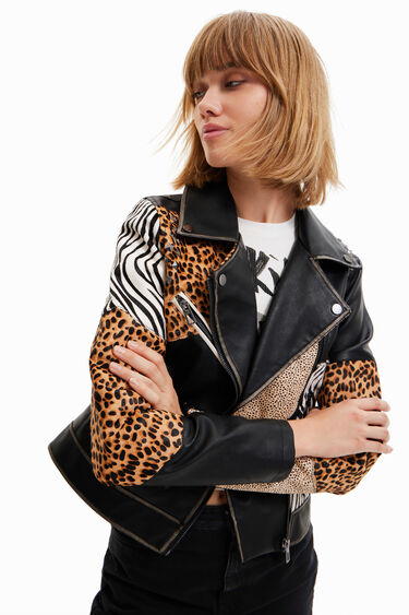 printed leather biker jacket