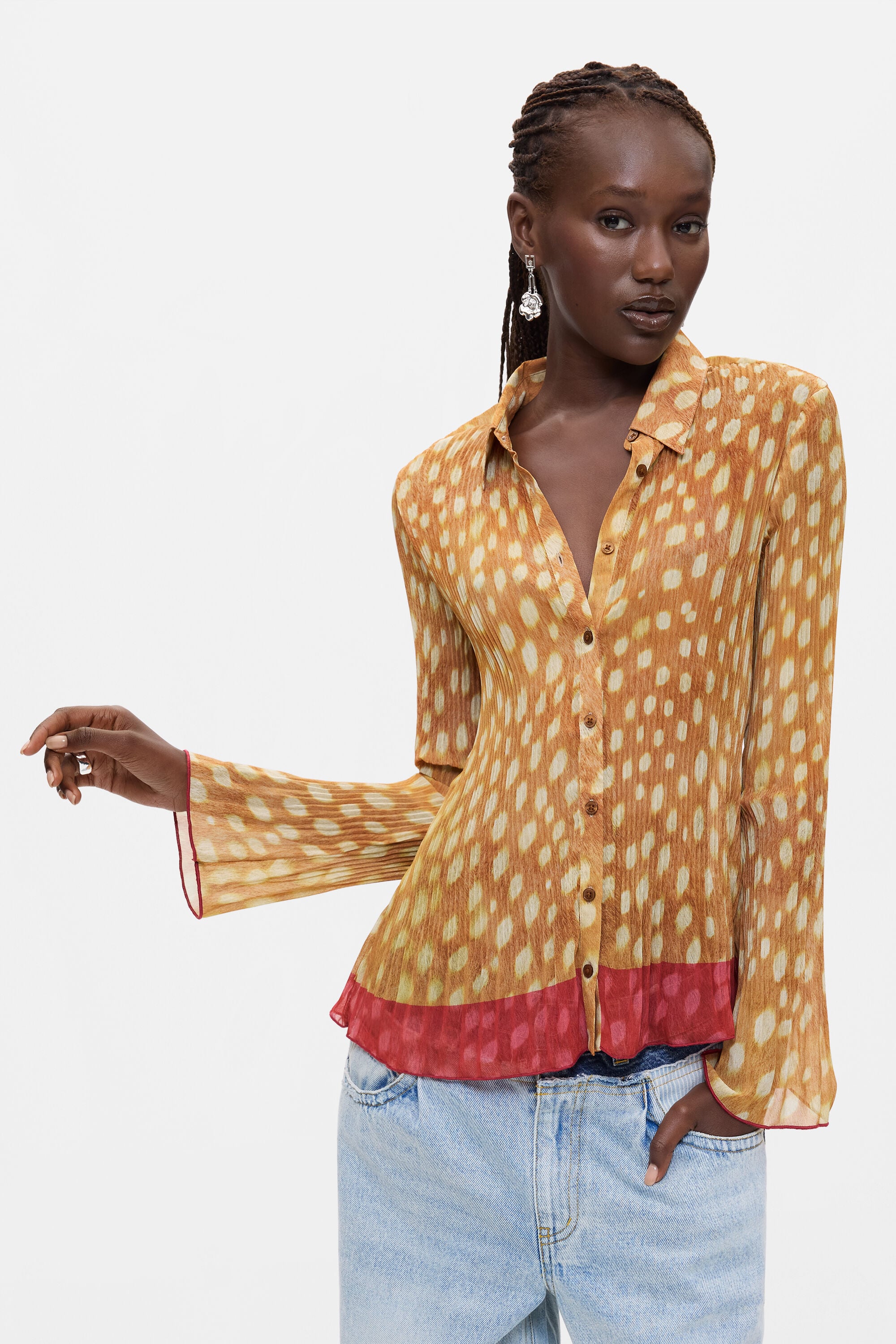 Desigual, Camisa Estampada Plisada, Mujer, Poliester, Blanco