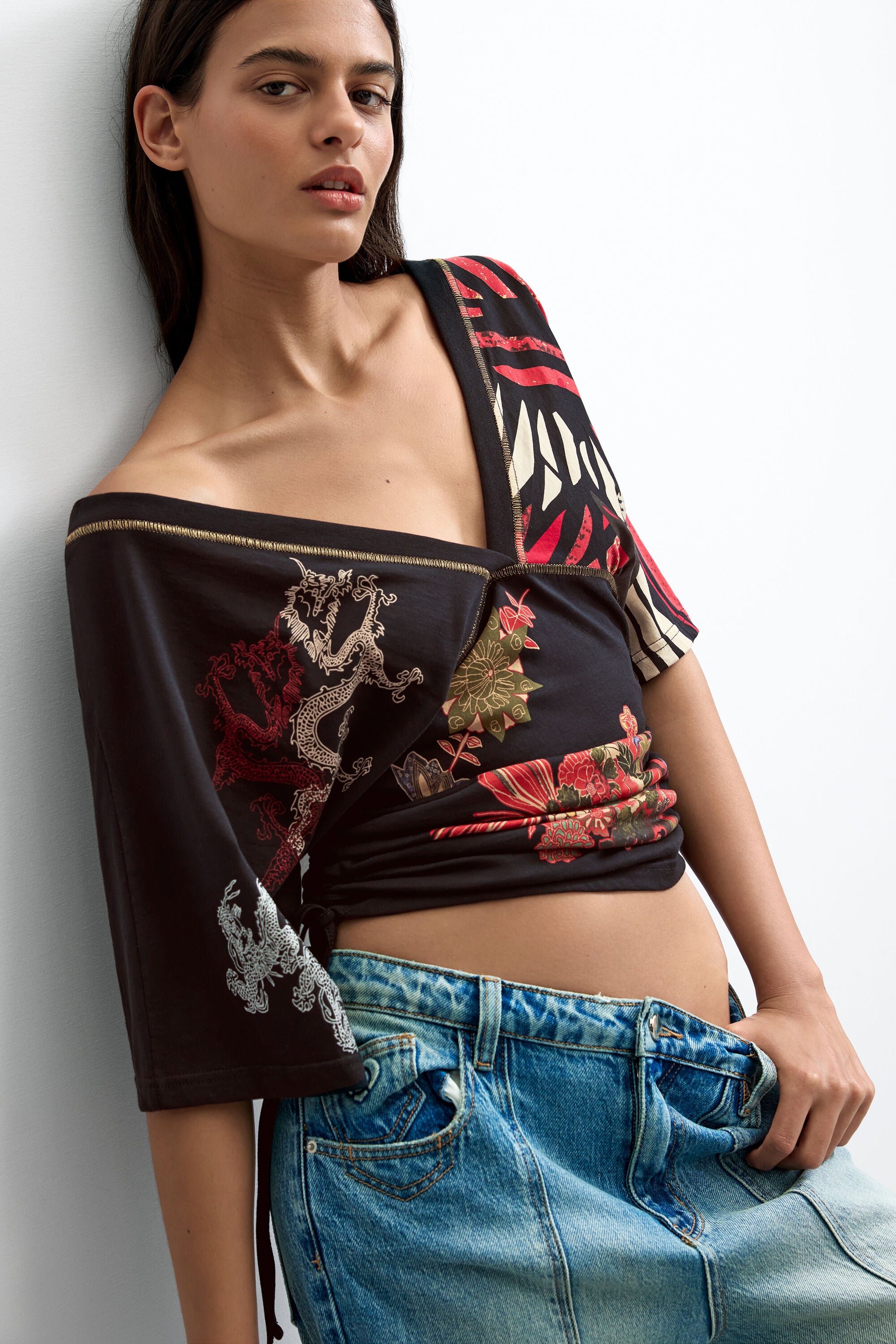 Camiseta Escote Pico Estampada Vintage, Mujer, Algodon, Negro,