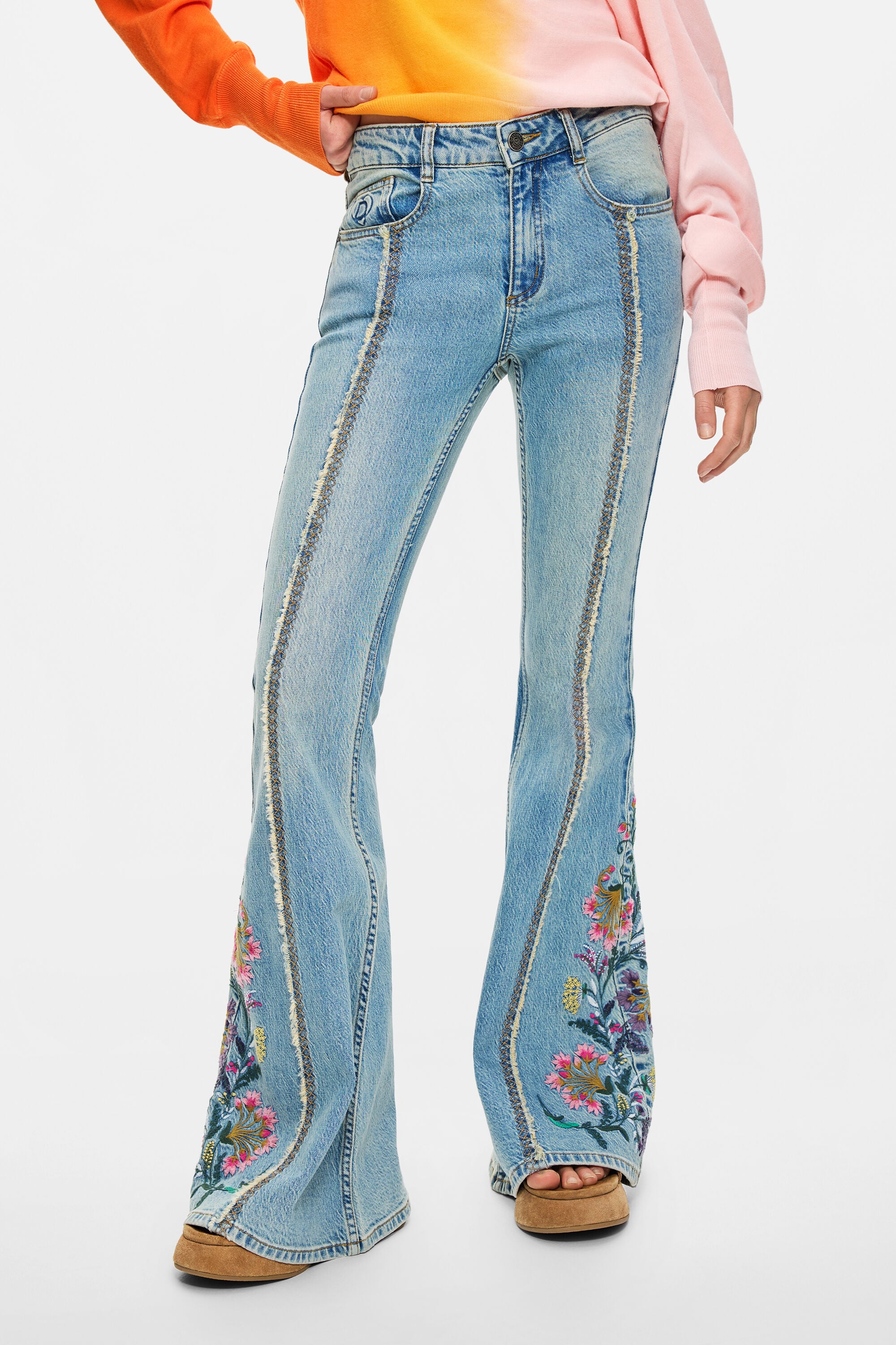 花柄ステッチ入りデニムパンツ 青 女性用 I Desigual.com