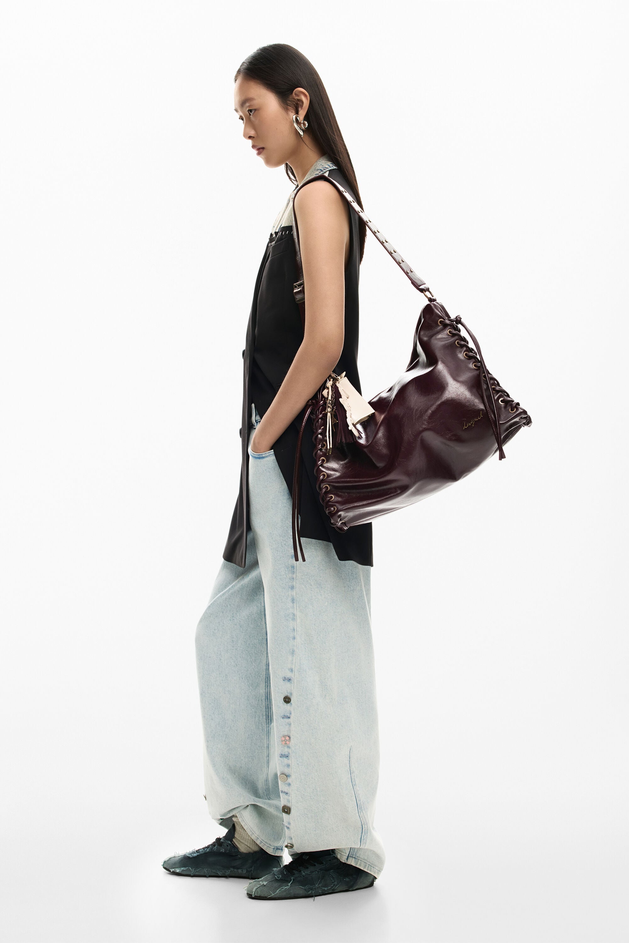 Bolso brillante trenzado grande, Mujer, Poliuretano, MarróN, U