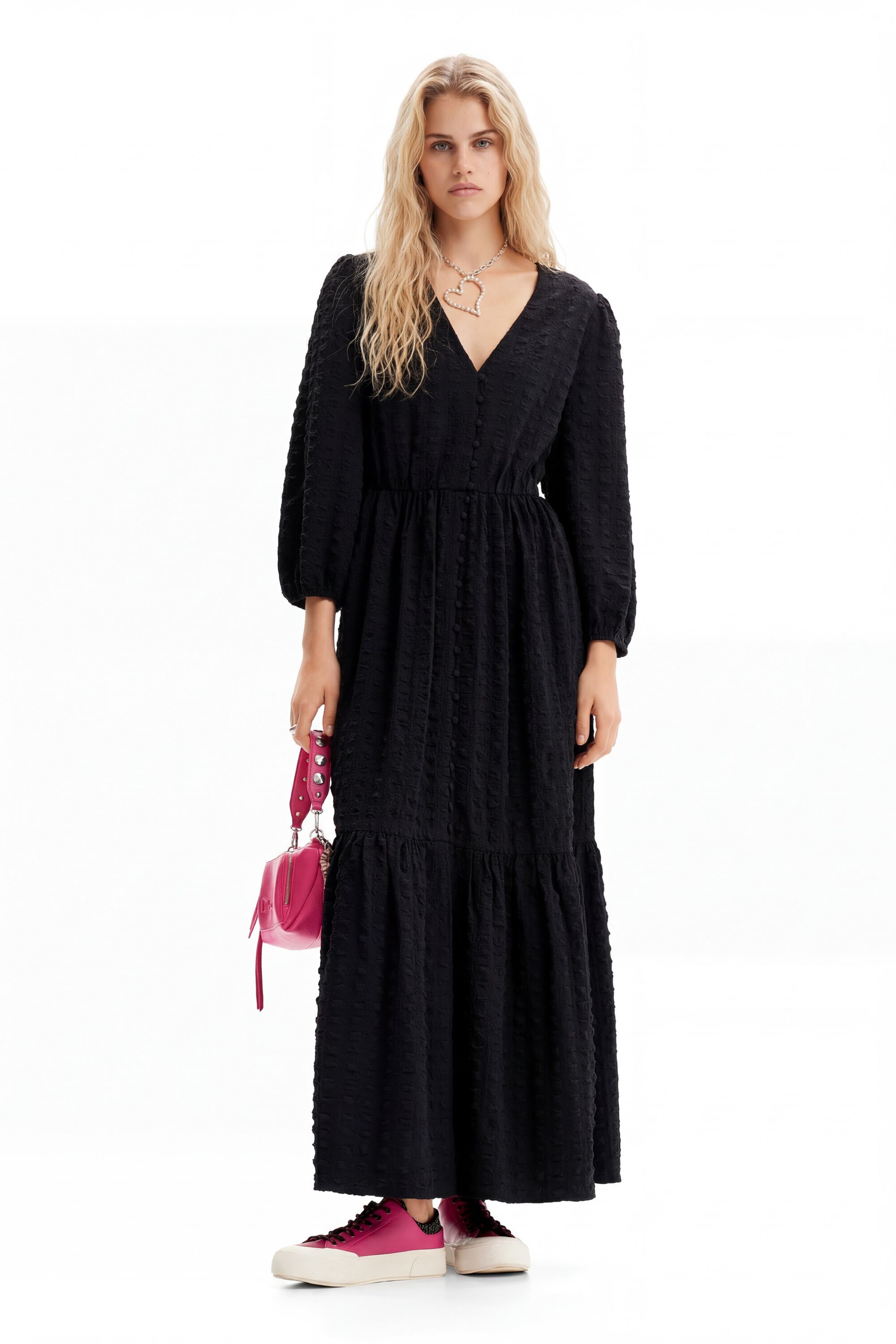 Desigual, Lange jurk met textuur, Polyester, Zwart, M