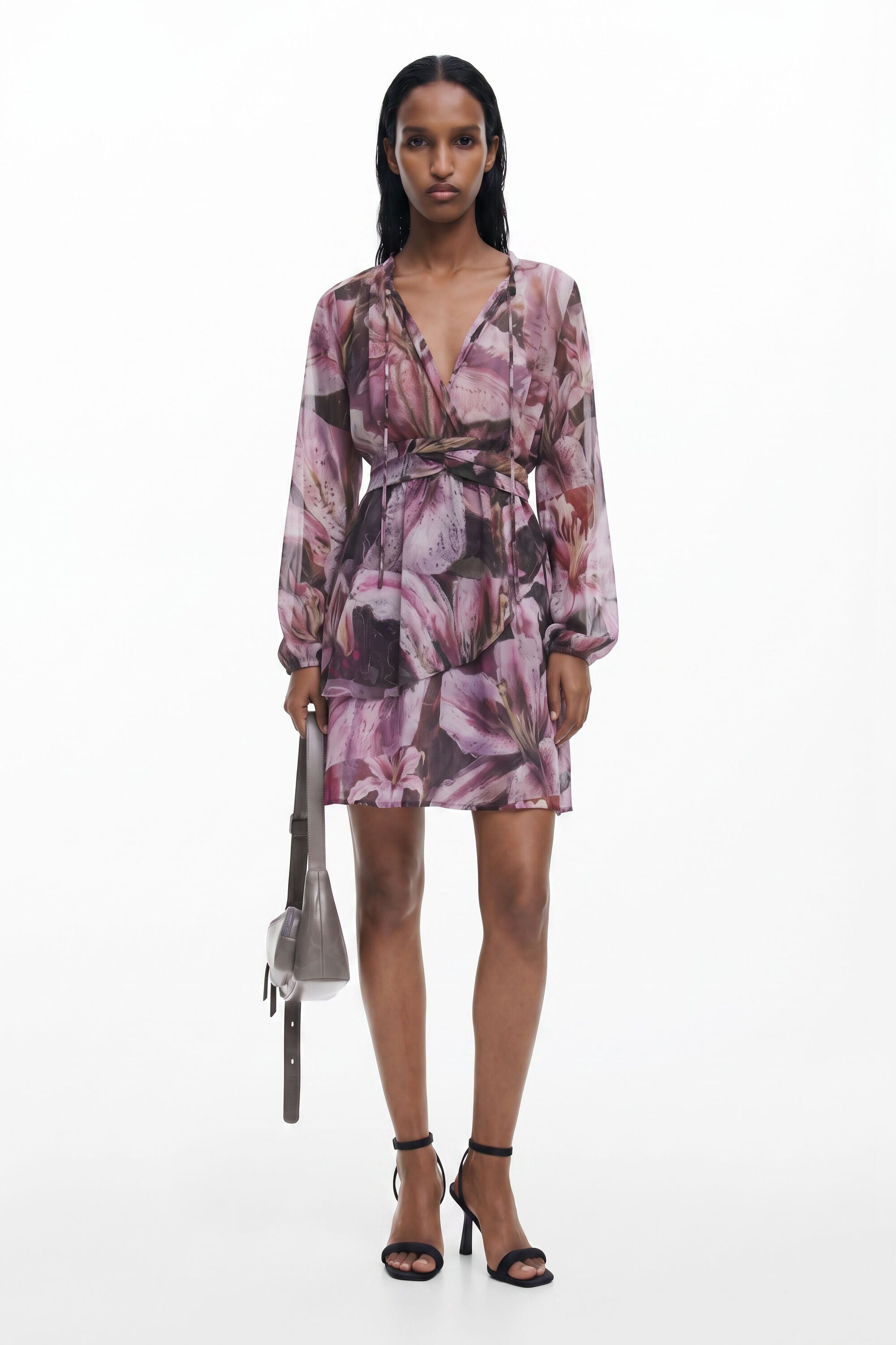Desigual, Vestido vaporoso orquídeas, Poliester, Rojo
