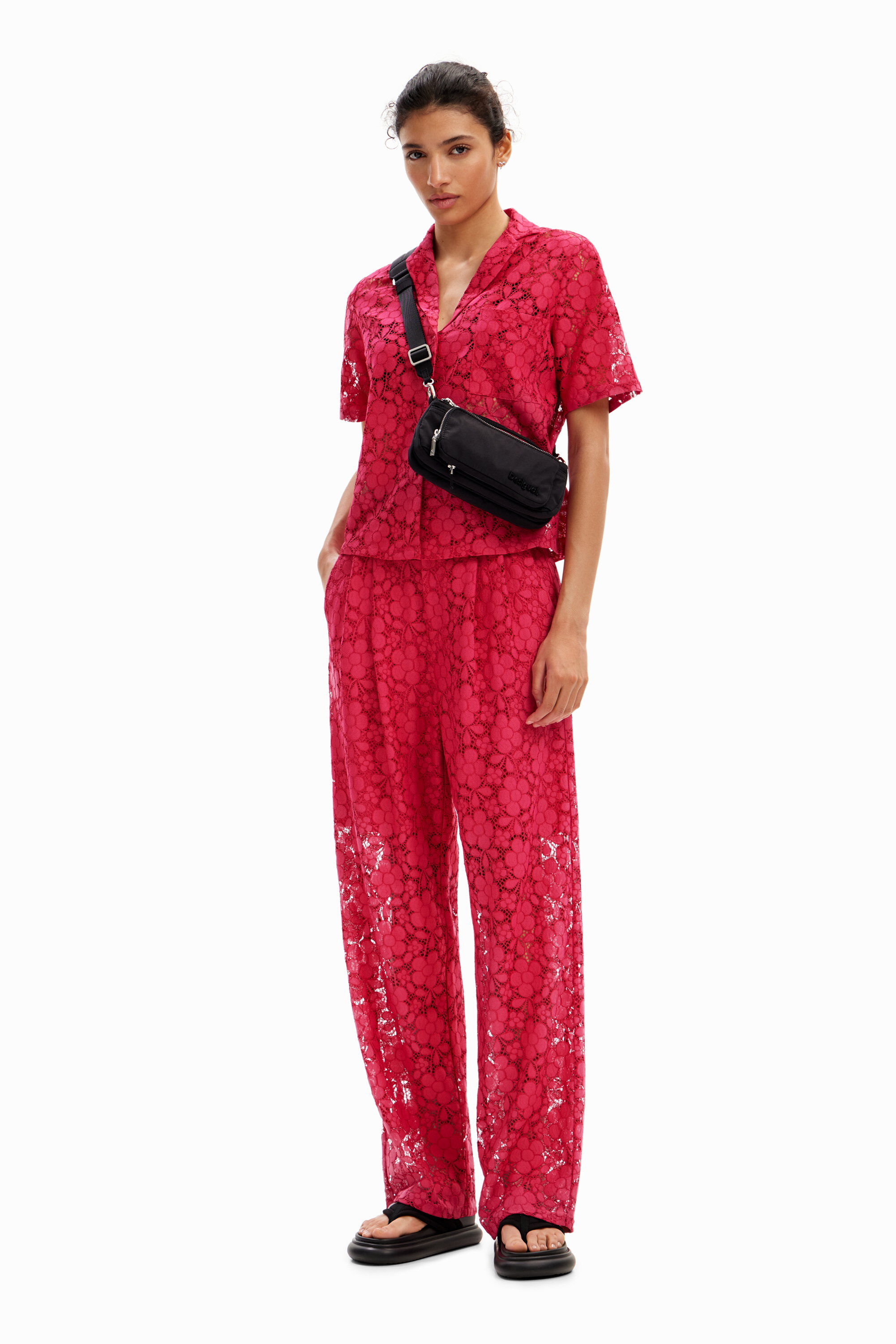 Desigual Tailored Floral Lace Trousers In Red