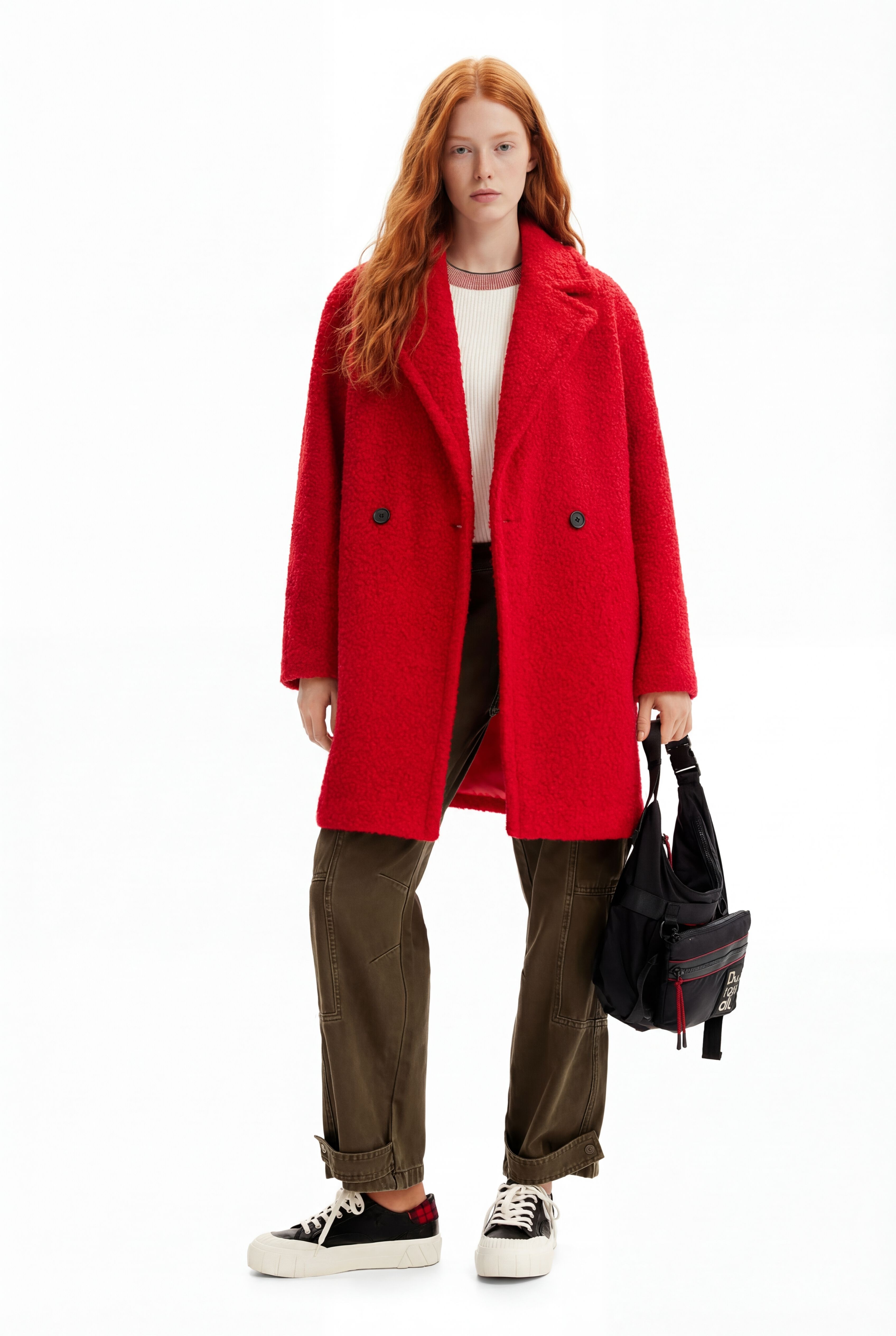 Double-breasted bouclé coat