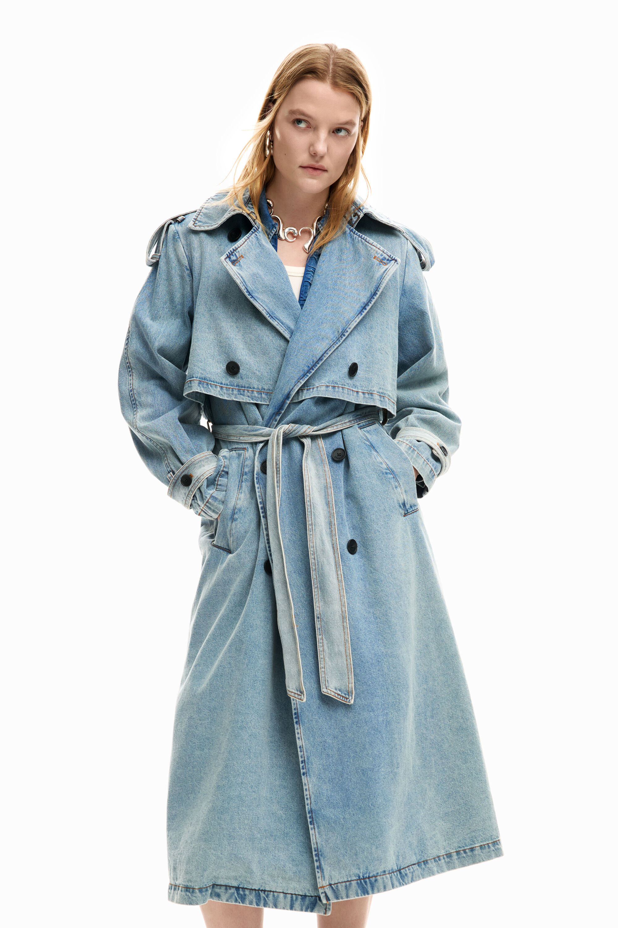 Desigual, Denim-Trenchcoat mit Gürtel, Damen, Baumwolle, Blau, L